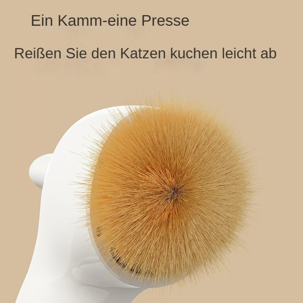 Ein weißer Griff mit einem dichten, hellbraunen Pinselkopf. Text im Hintergrund.