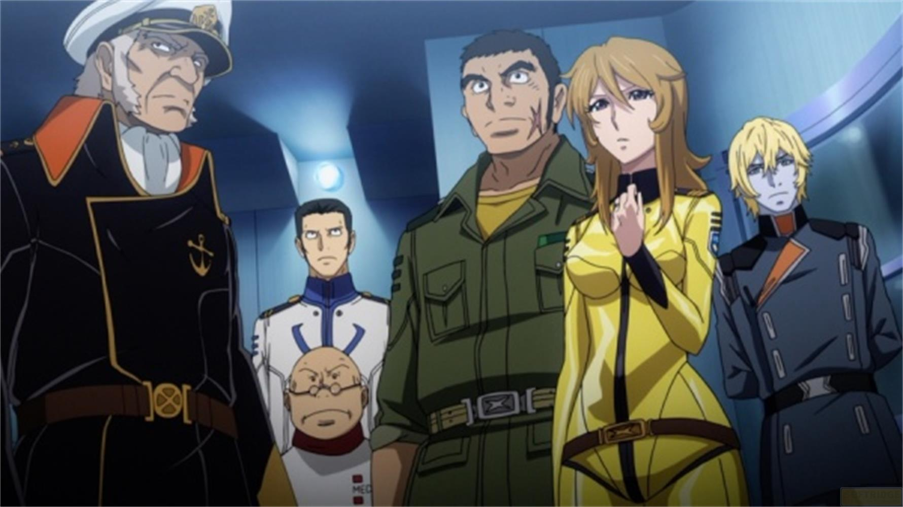Sei personaggi animati in uniforme stanno in una stanza.