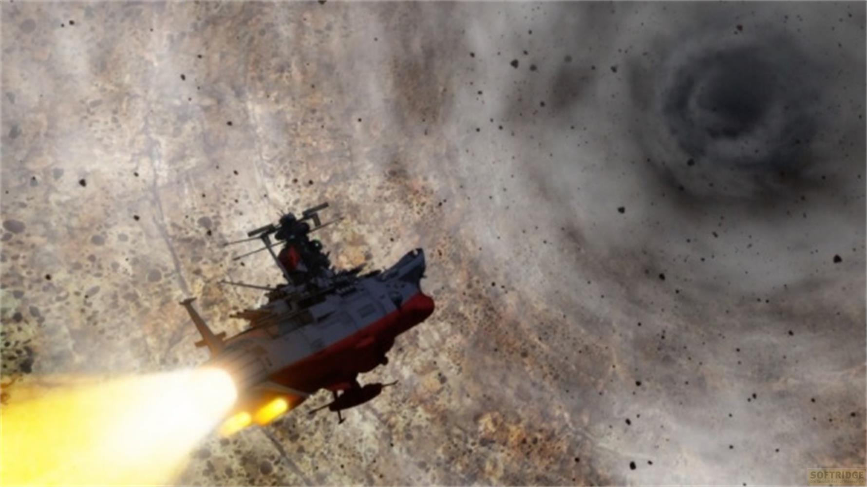 Un'astronave vola attraverso una nube di gas cosmico vorticoso con detriti.