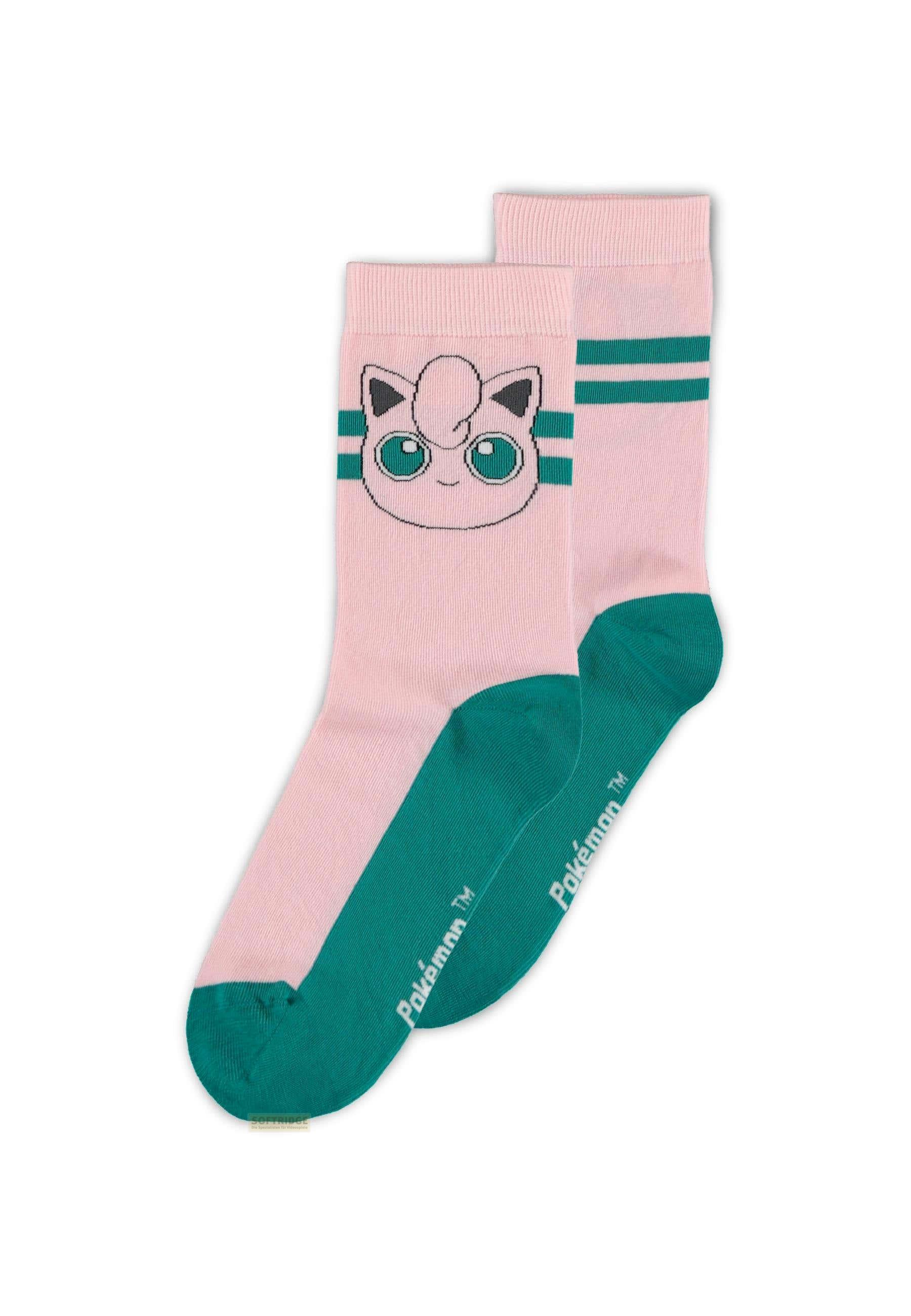 Dos calcetines rosas con Jigglypuff y detalles en verde azulado.