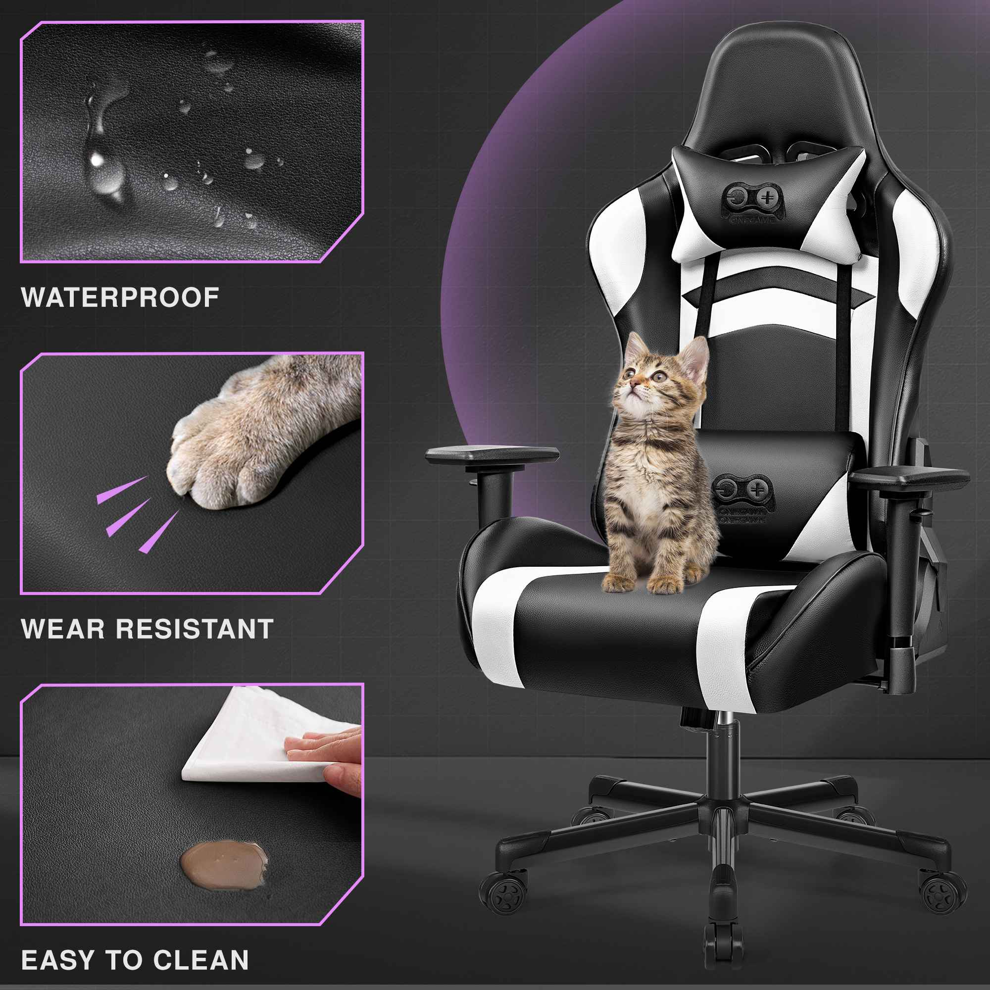 Ein Kätzchen sitzt auf einem schwarzen und weißen Gaming-Stuhl mit Kopfstütze.