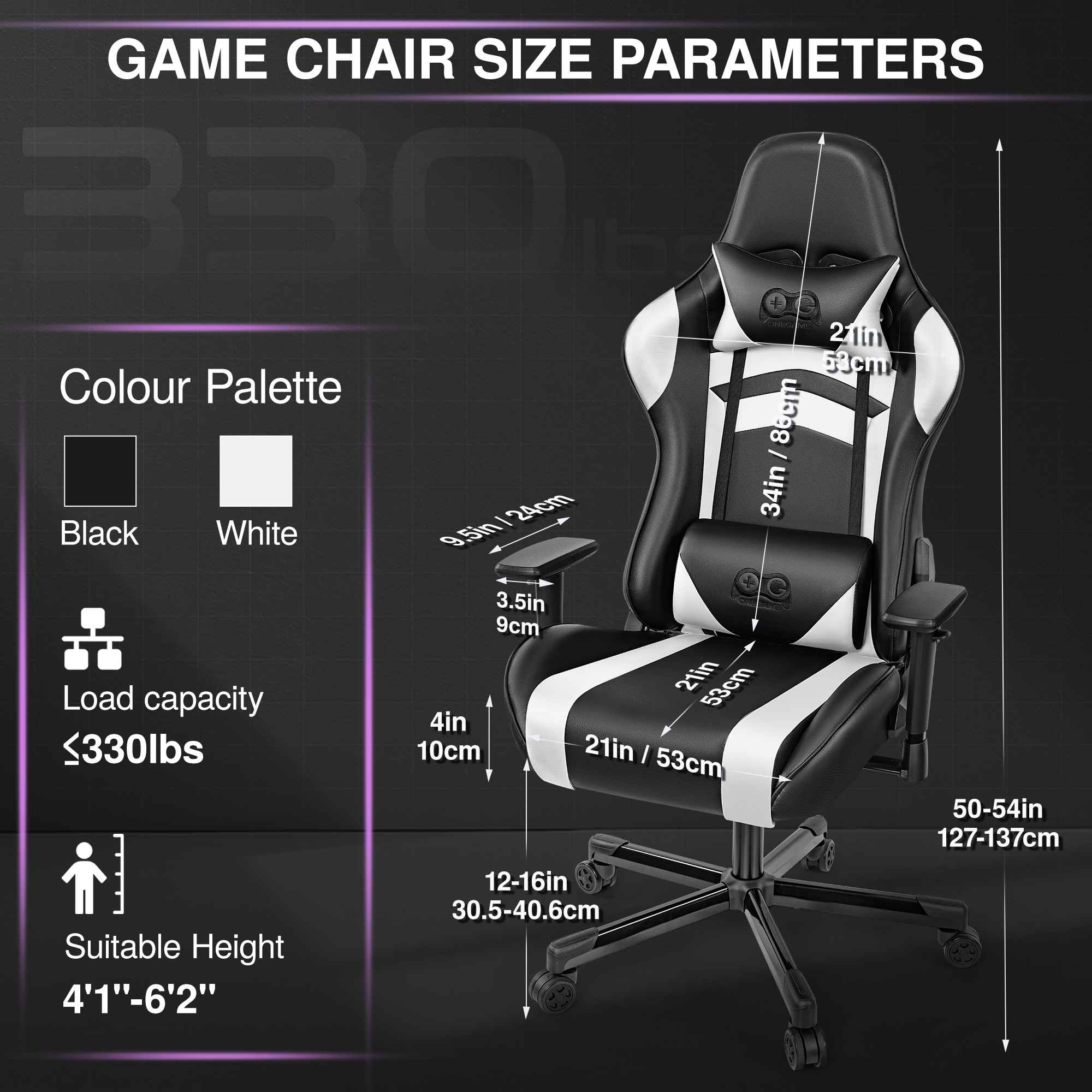 Ein schwarz-weißer Gaming-Stuhl mit Größenangaben und Farbpalette.