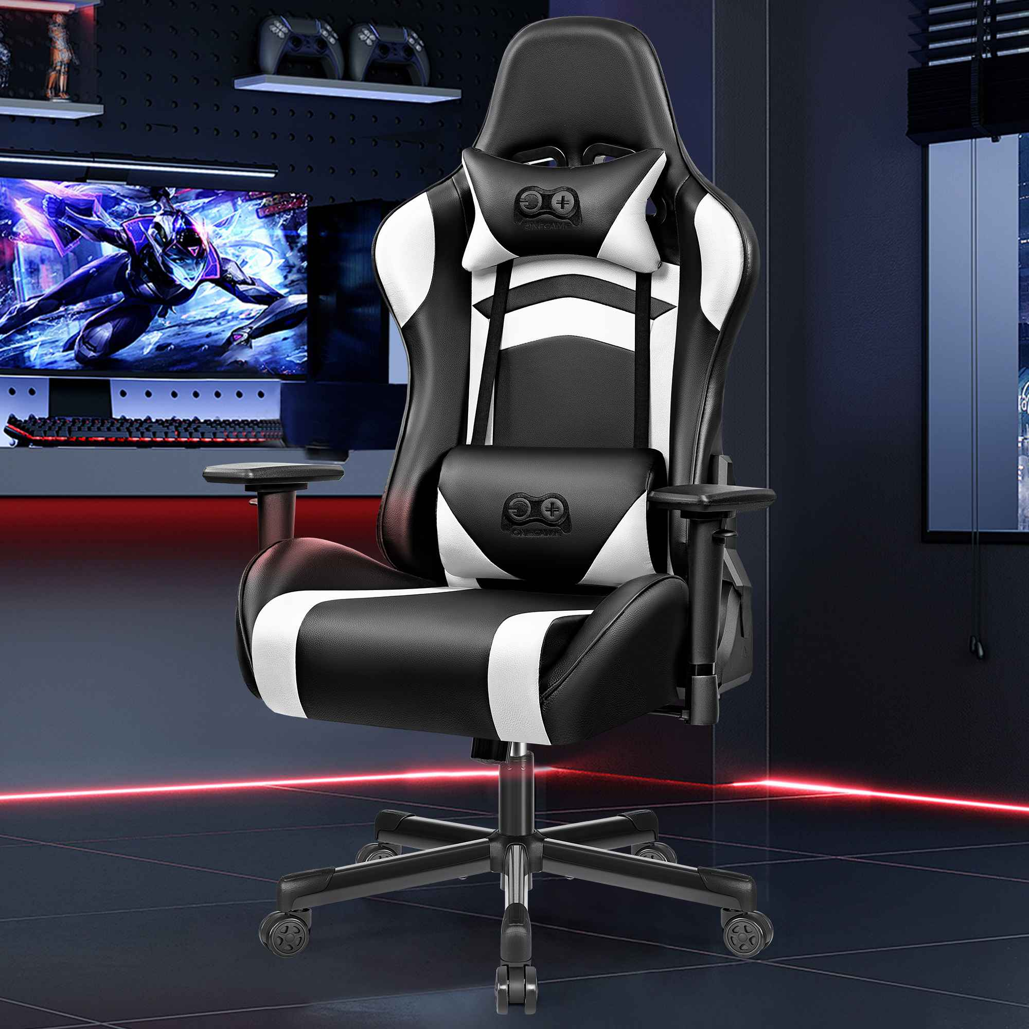 Ein schwarzer Gaming-Stuhl mit weißen Akzenten steht vor einem Bildschirm.