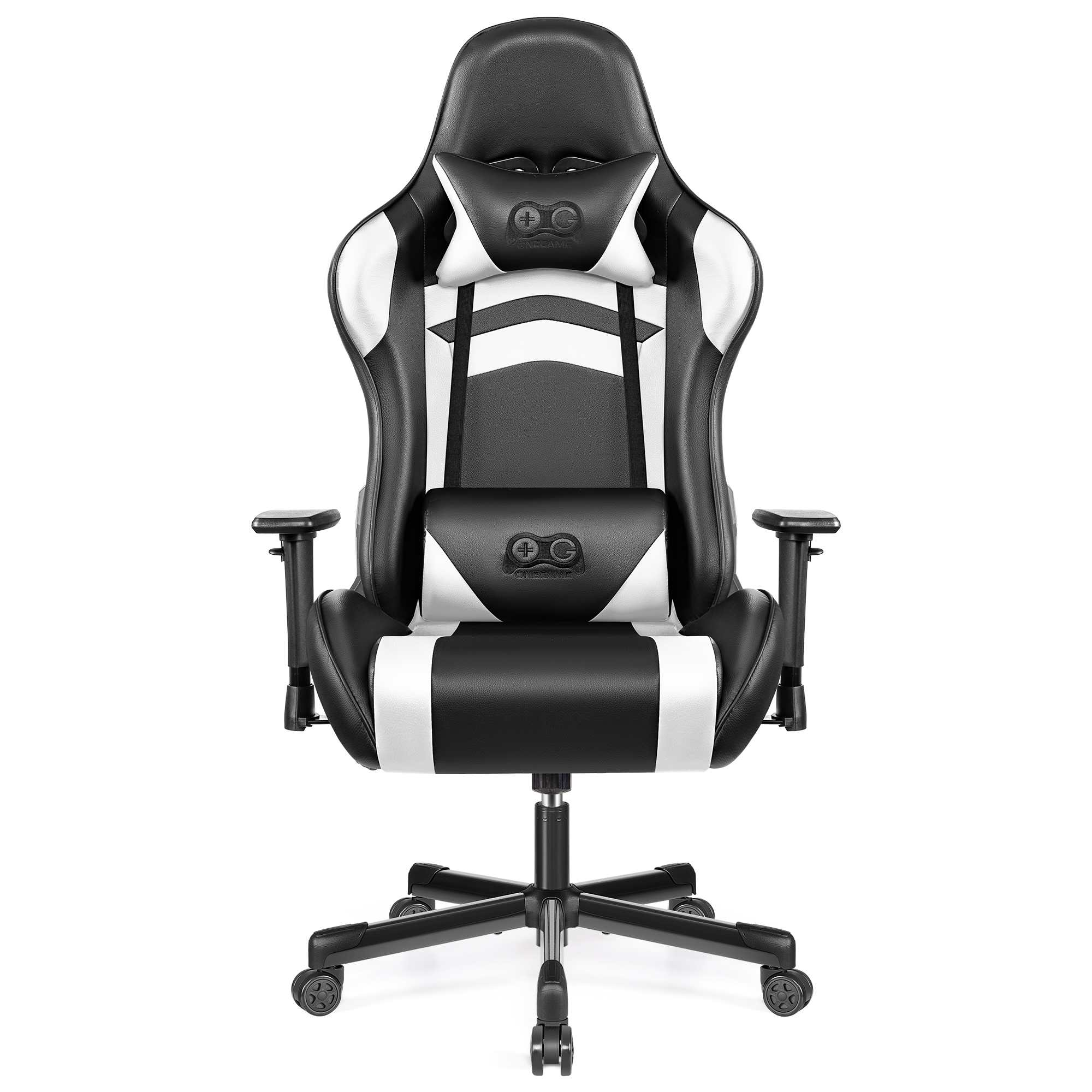 Ein schwarzer und weißer Gaming-Stuhl mit Kopf- und Lendenkissen.