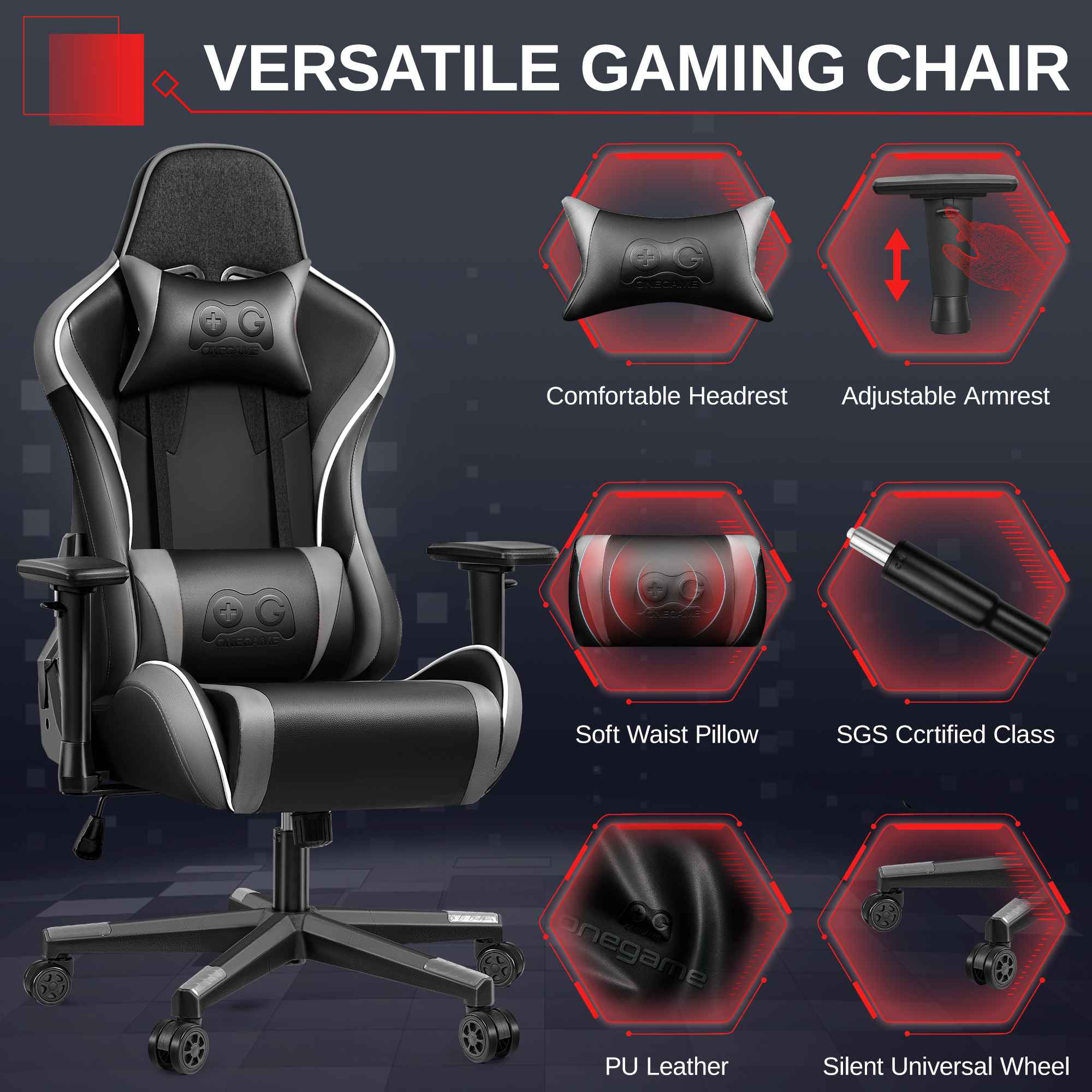 Schwarzer Gaming-Stuhl mit Kopfstütze, Lendenkissen, verstellbaren Armlehnen und Rädern.
