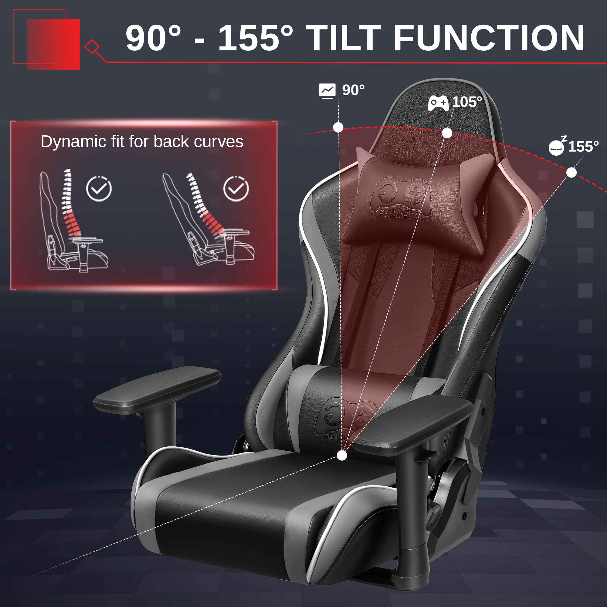 Ein schwarzer und grauer Gaming-Stuhl mit verstellbarer Rückenlehne von 90-155 Grad.
