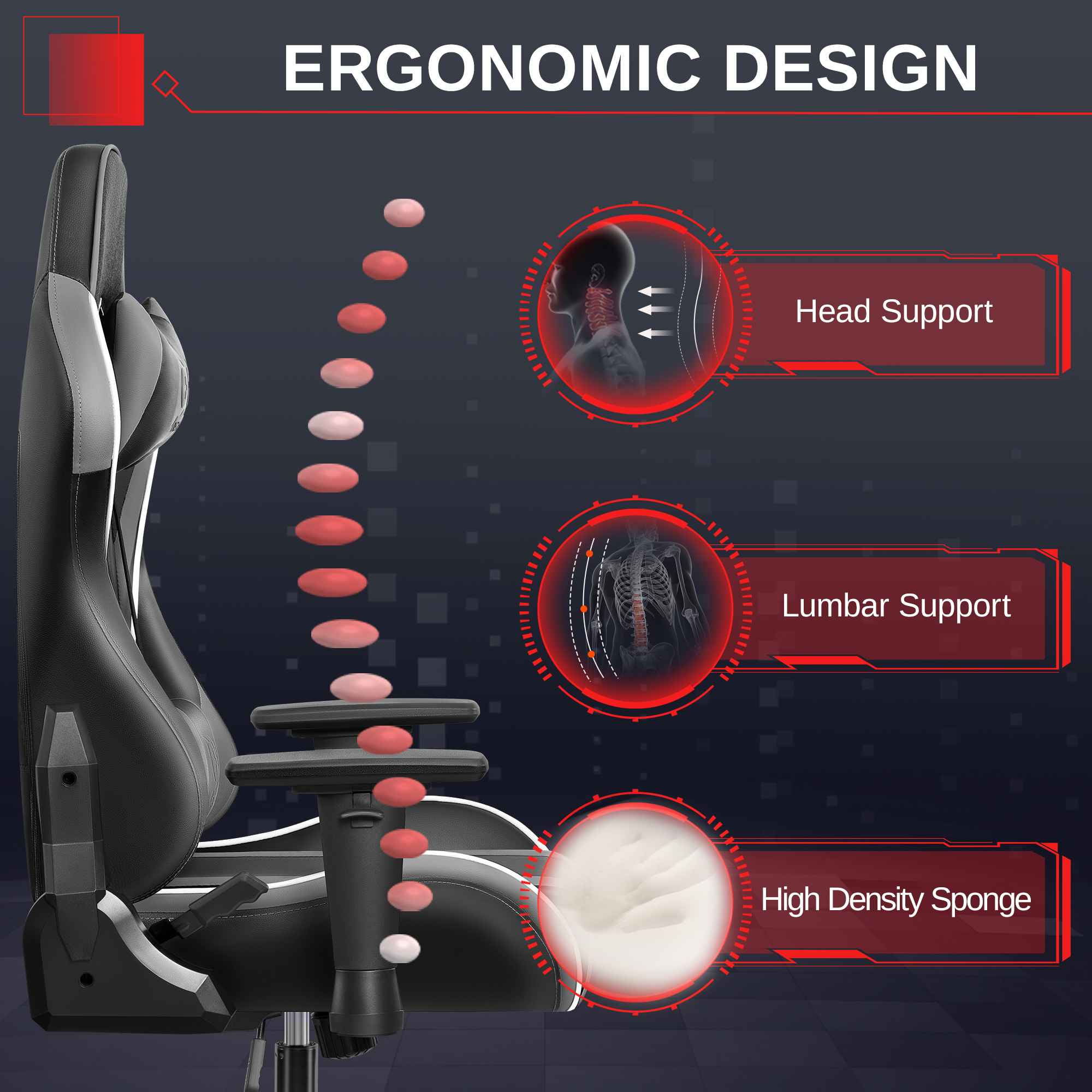 Ein schwarzer Stuhl mit ergonomischem Design. Zeigt Kopf-, Lendenwirbelstütze.