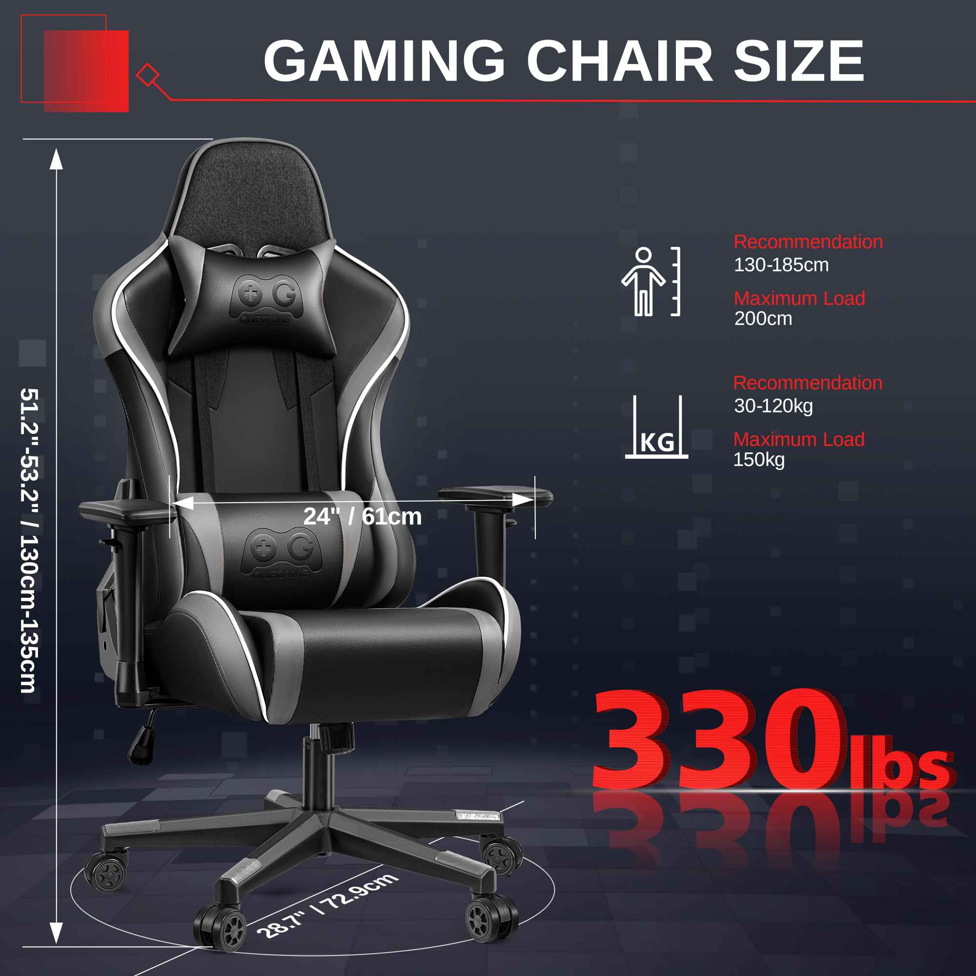Schwarzer Gaming-Stuhl mit Maßen, Belastung und Körpergrößenempfehlung.