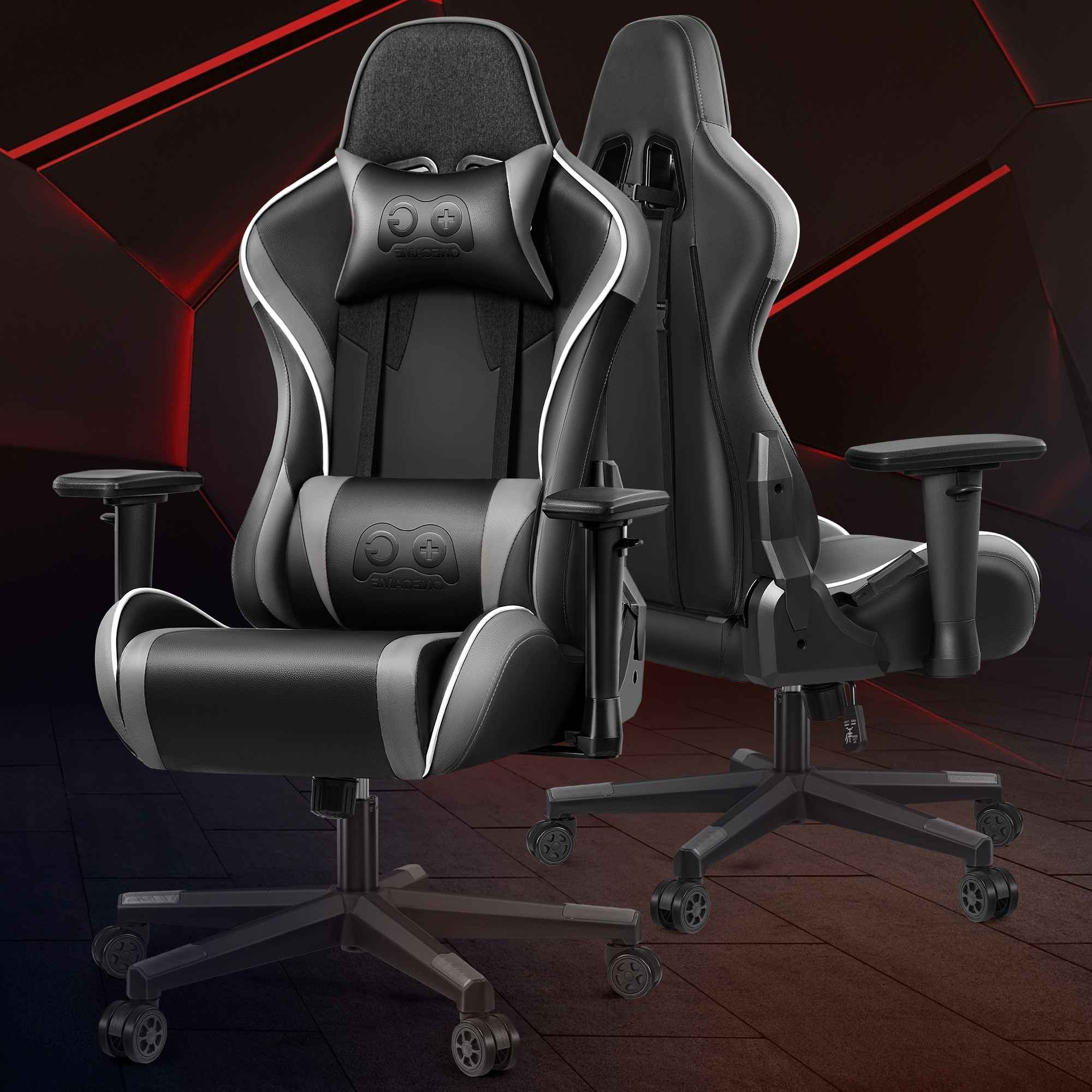 Zwei schwarze Gaming-Stühle mit weißen und grauen Akzenten auf dunklem Hintergrund.