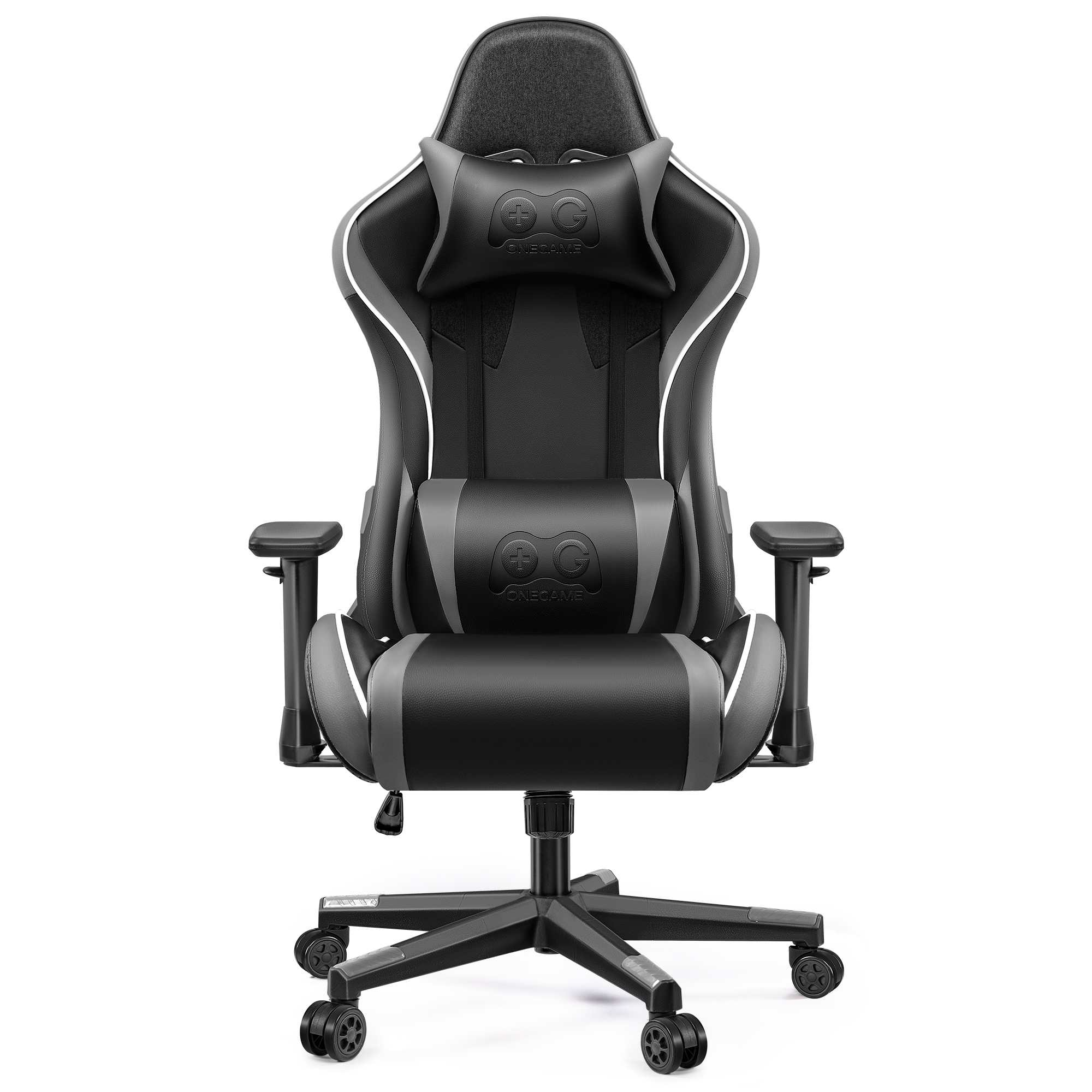 Schwarzer Gaming-Stuhl mit grauen Akzenten, Nacken- und Lendenkissen.