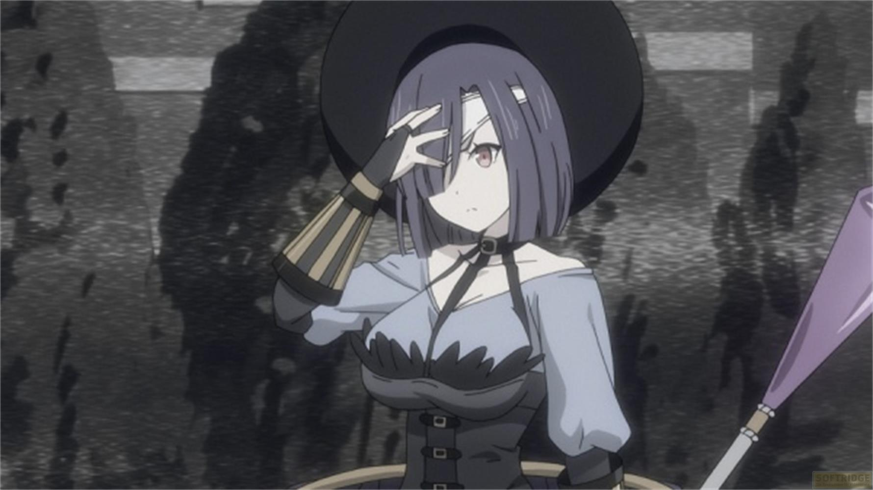 Personaggio anime con cappello nero e vestito blu si strofina la fronte.