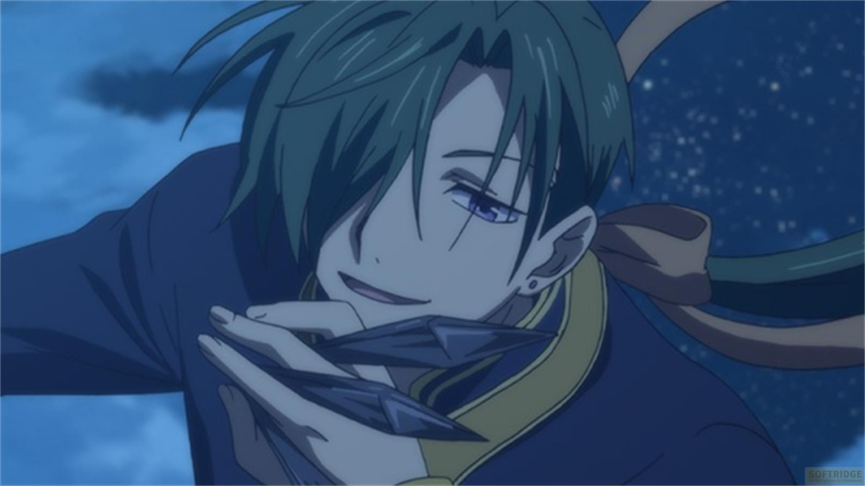 Un personaggio anime con i capelli verdi tiene cristalli scuri.