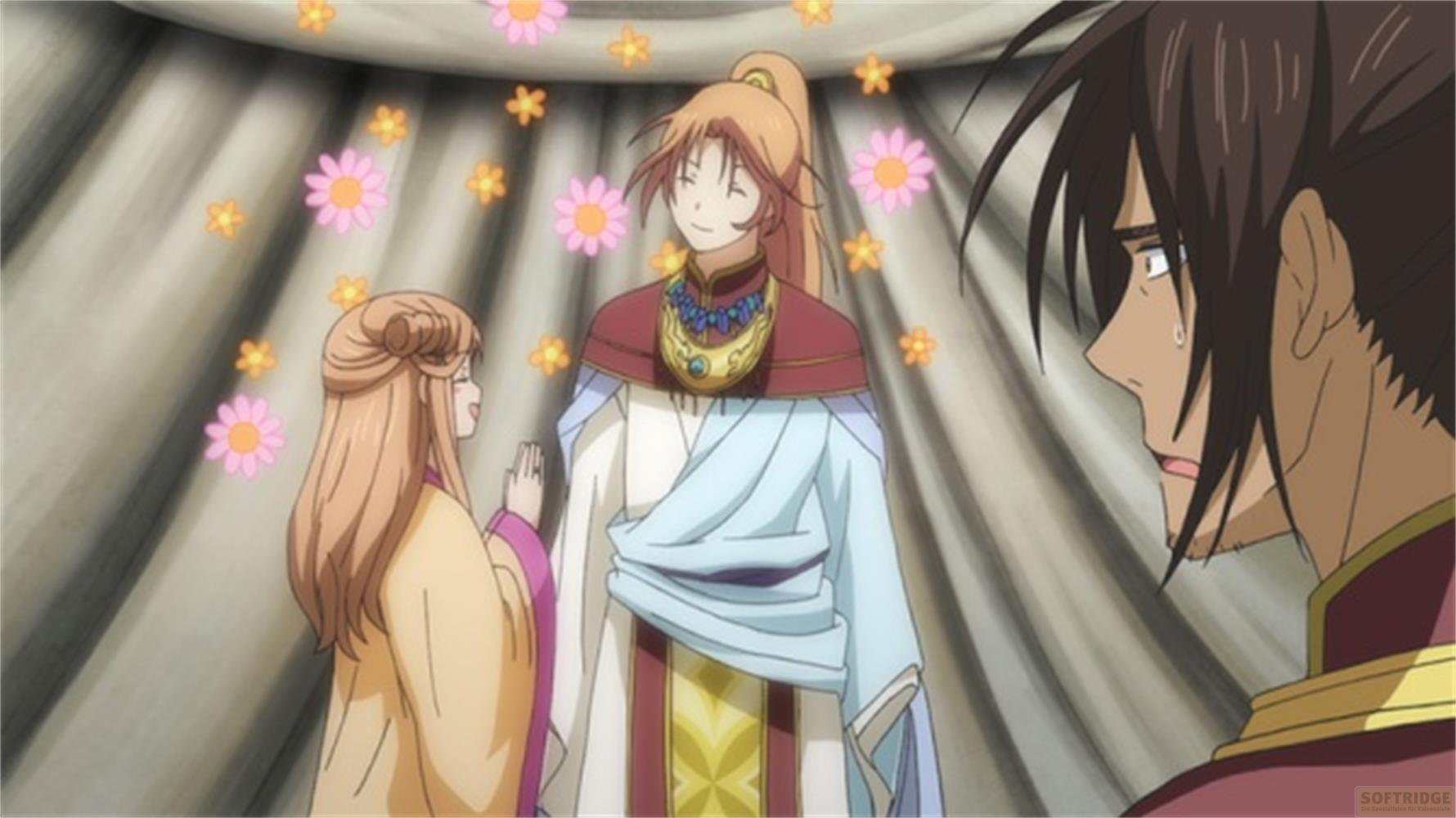 Tre personaggi anime in una tenda, circondati da fiori.