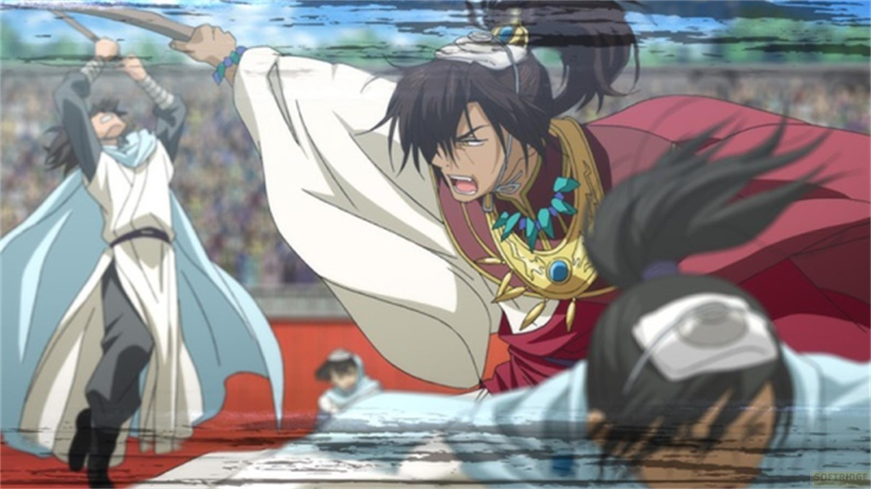 Due personaggi anime combattono con spade in un'arena davanti agli spettatori.