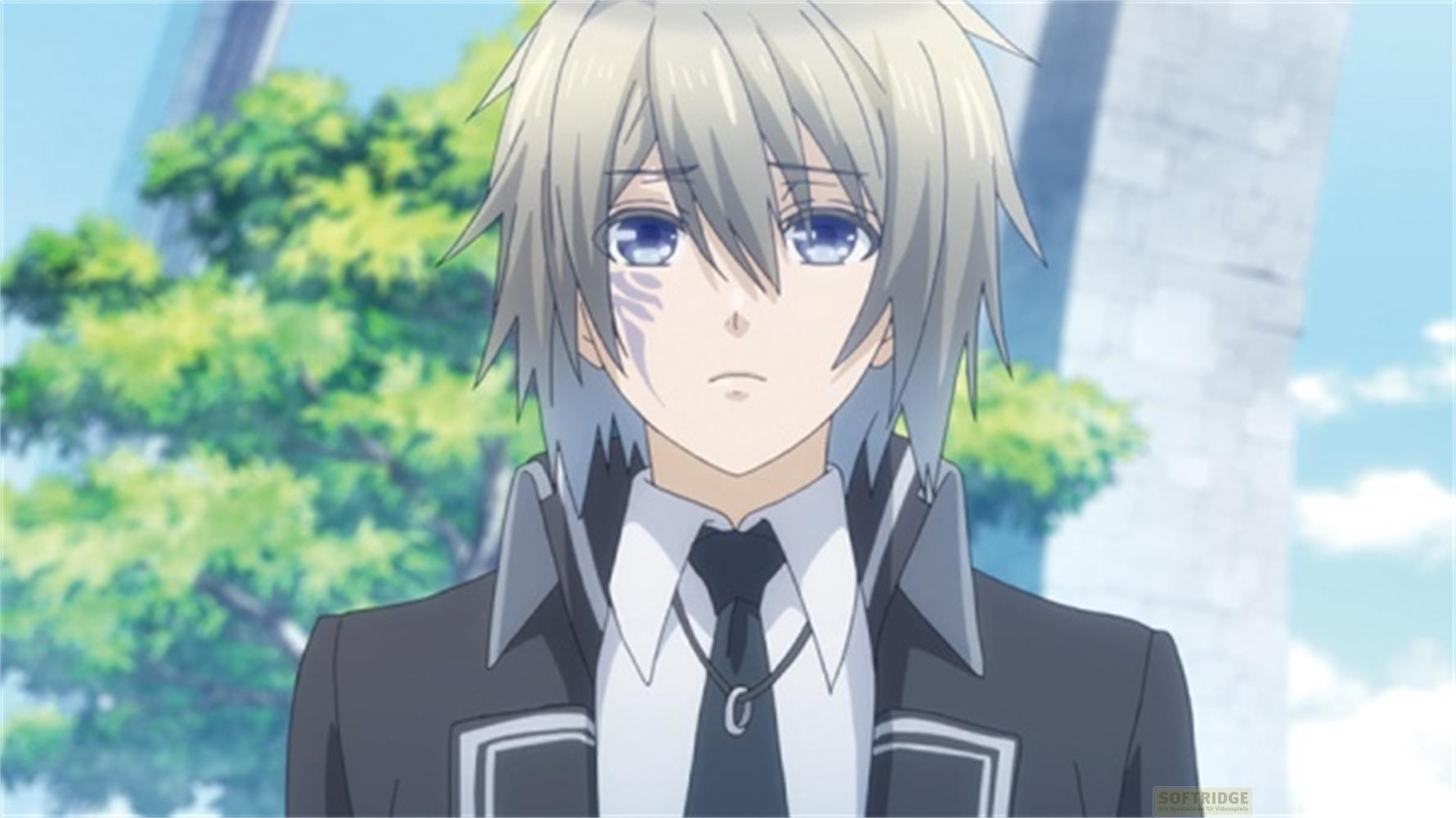 Un ragazzo anime con capelli biondo chiaro e occhi blu indossa un'uniforme scura.