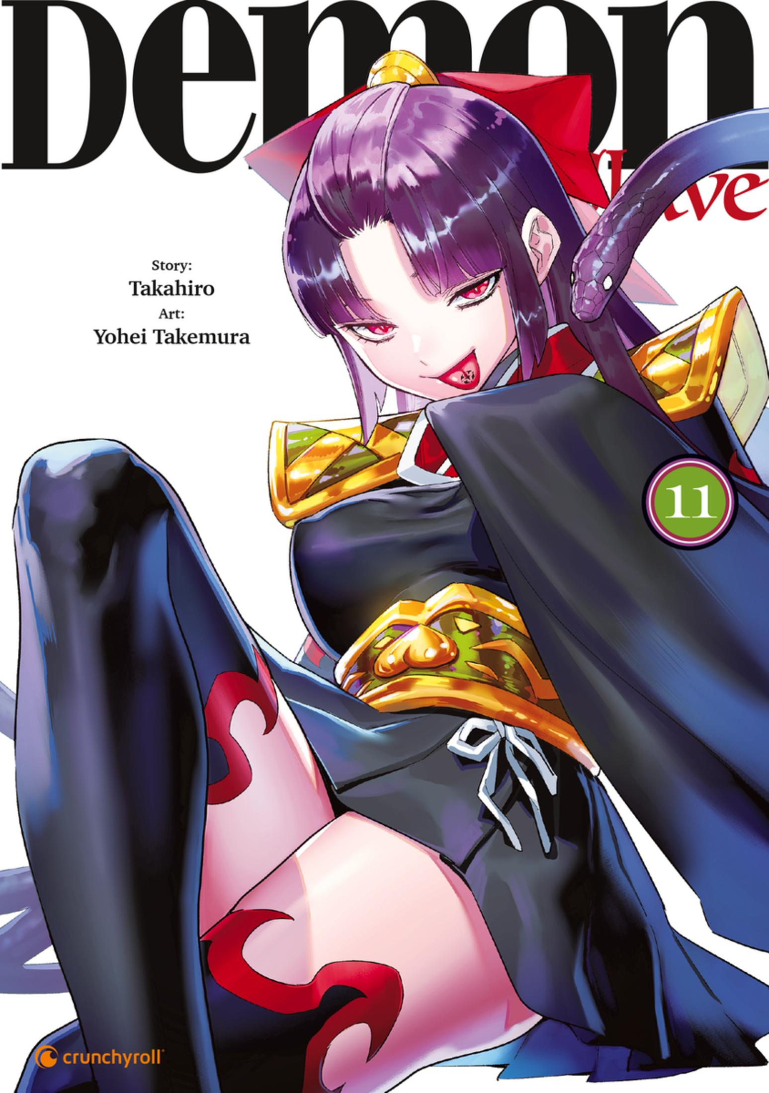 Anime-Cover: Frau mit lila Haaren und Schlange, trägt dunkle Kleidung mit goldenen Akzenten.