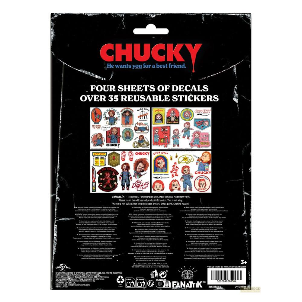 Chucky-Aufkleber mit über 35 wiederverwendbaren Aufklebern auf vier Bögen.