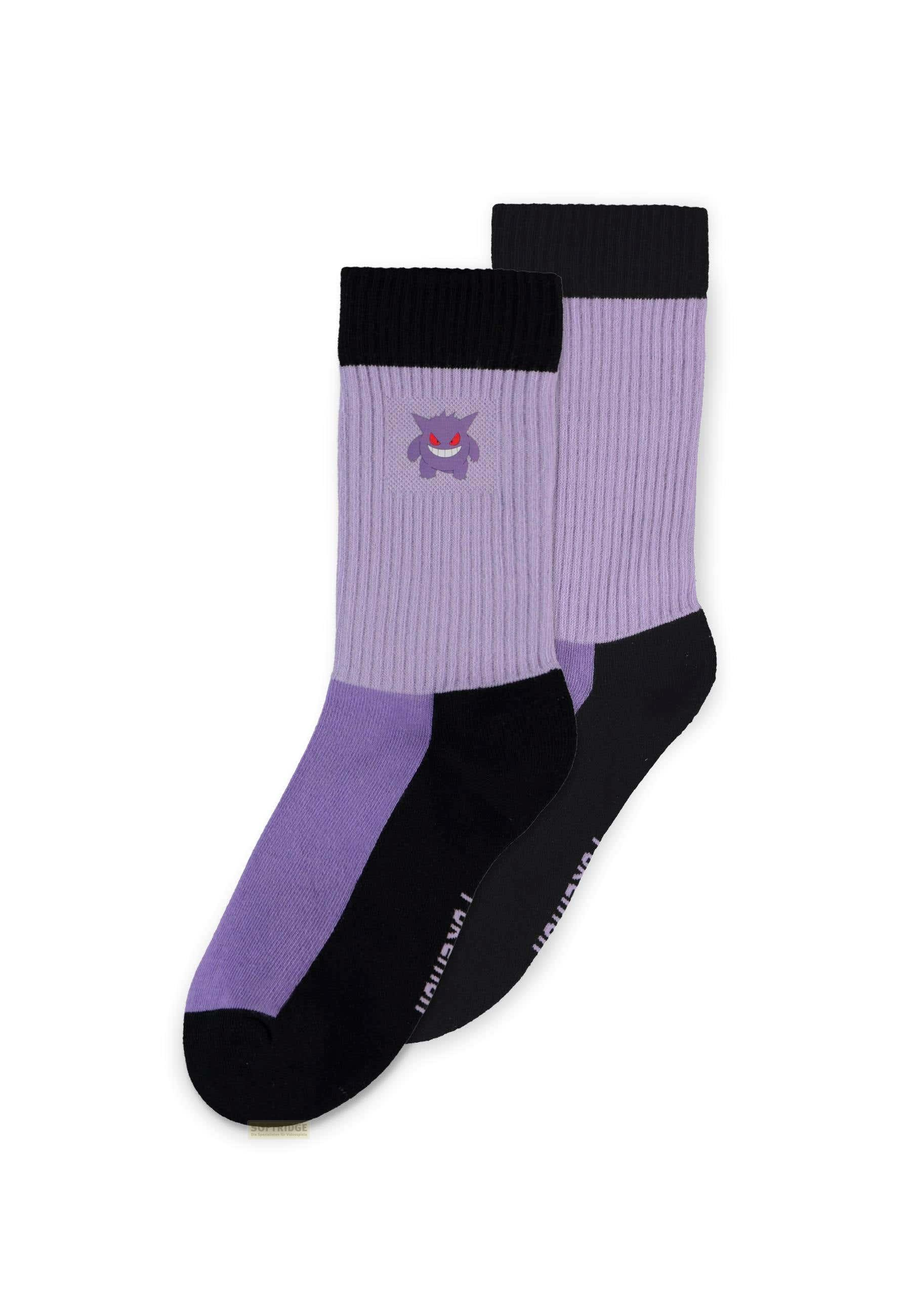 Calcetines morados con puño y talón negros, con Gengar.