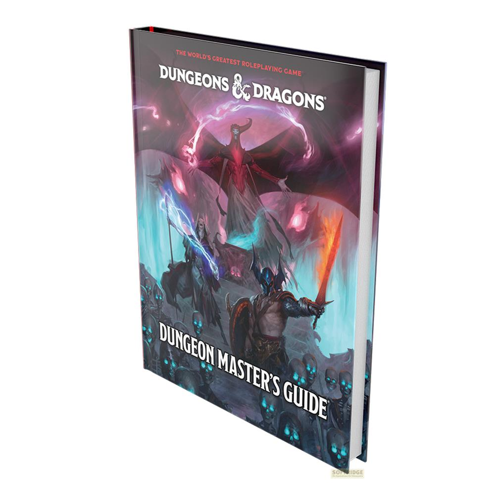 Copertina del libro D&D Dungeon Master's Guide con figura demoniaca, cavalieri e scheletri.