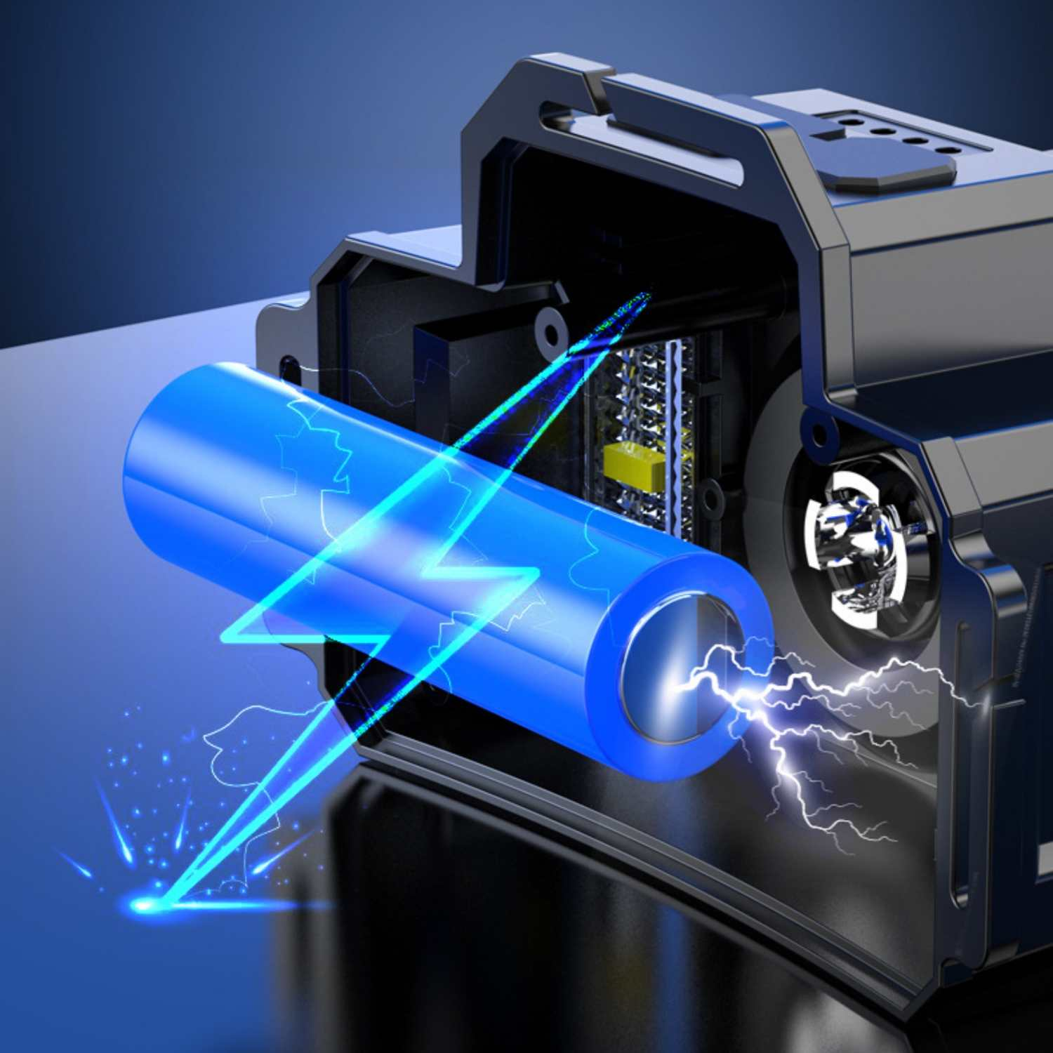 Blaue Batterie mit Blitzlicht, die in ein schwarzes Gerät eingesetzt wird.