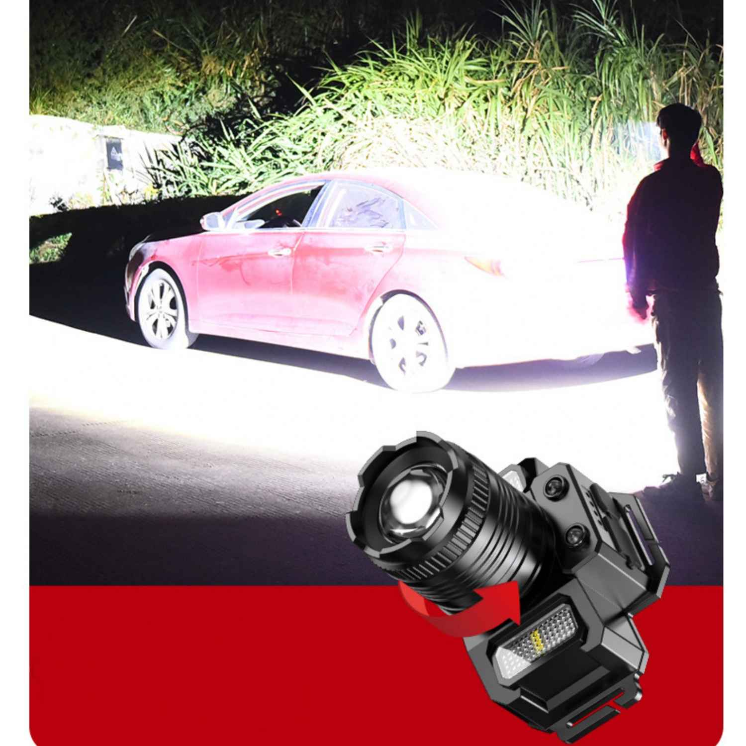 Ein Mann steht neben einem roten Auto im Dunkeln, beleuchtet von einer Taschenlampe.