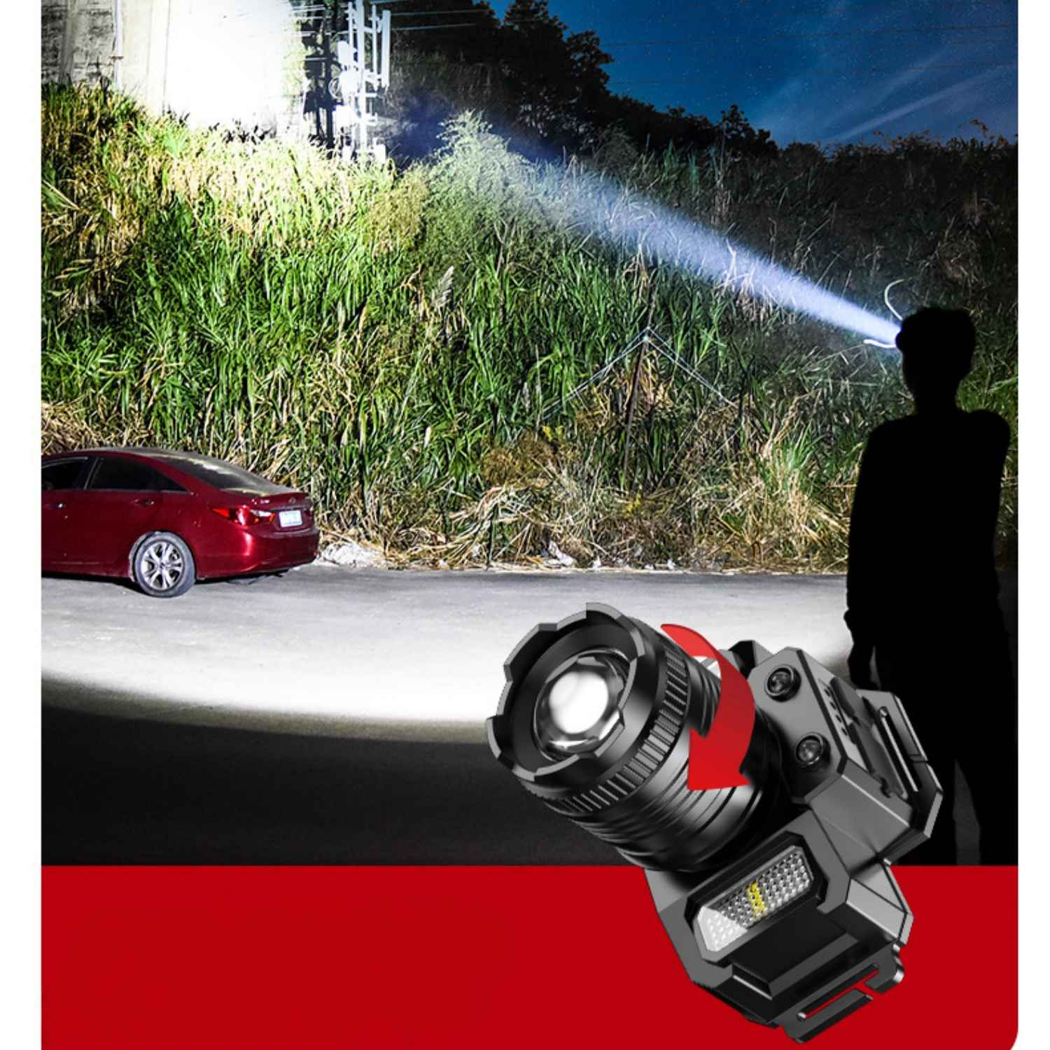 Ein Mann mit Stirnlampe leuchtet auf einer Wiese. Ein rotes Auto steht daneben.