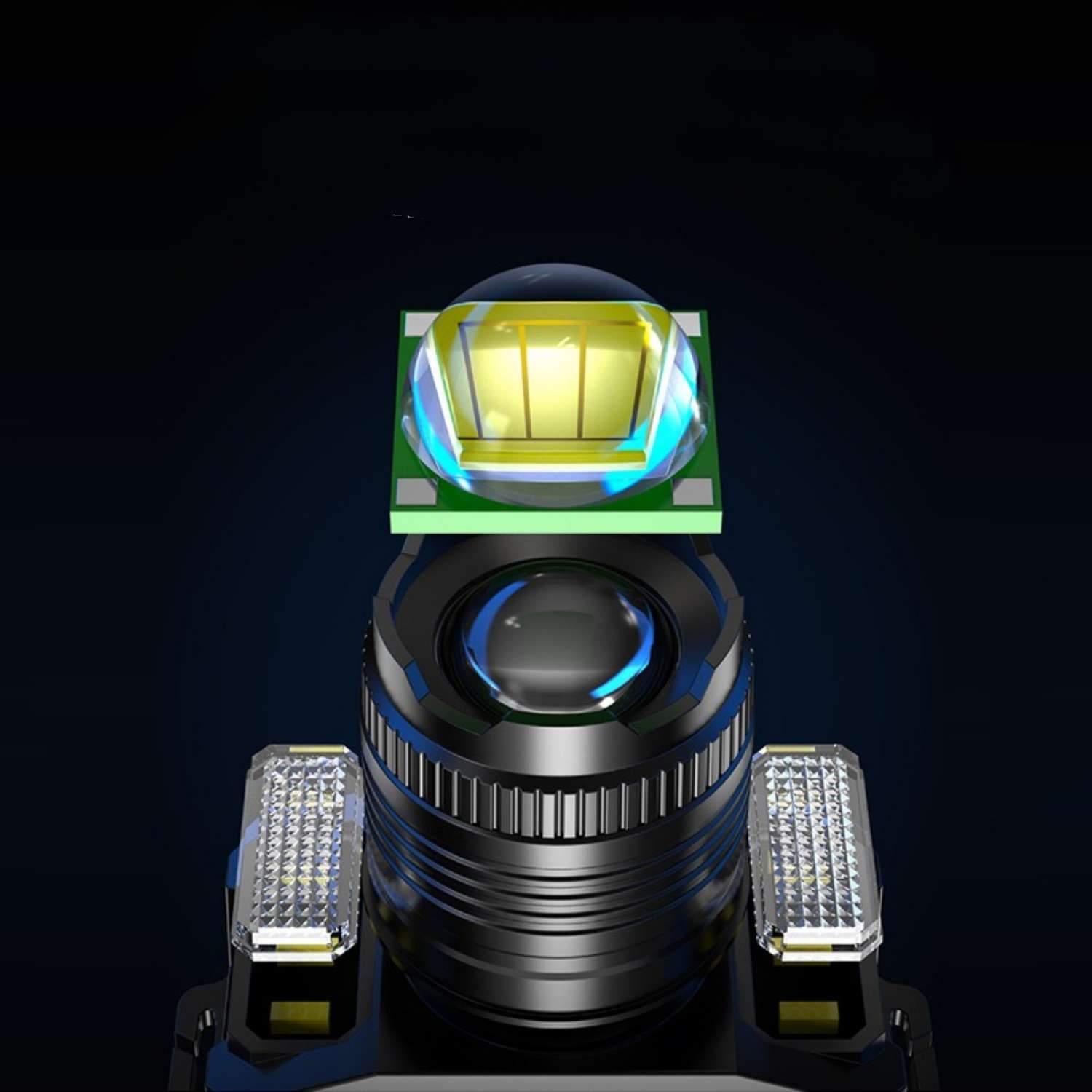 Eine Nahaufnahme einer LED-Lampe mit Linse und zwei seitlichen Lichtern.