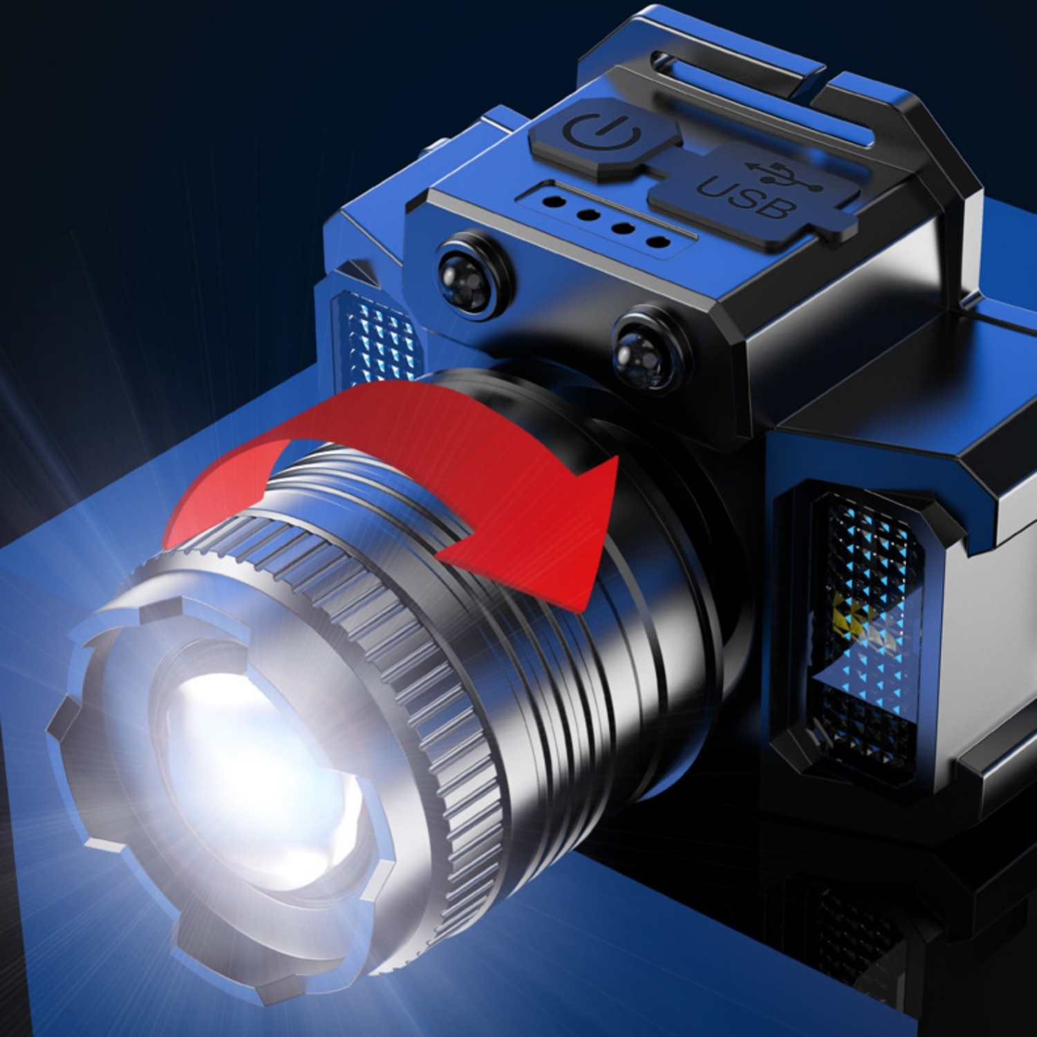 Blaue Taschenlampe mit leuchtender Linse und rotem Pfeil, der Drehung anzeigt.