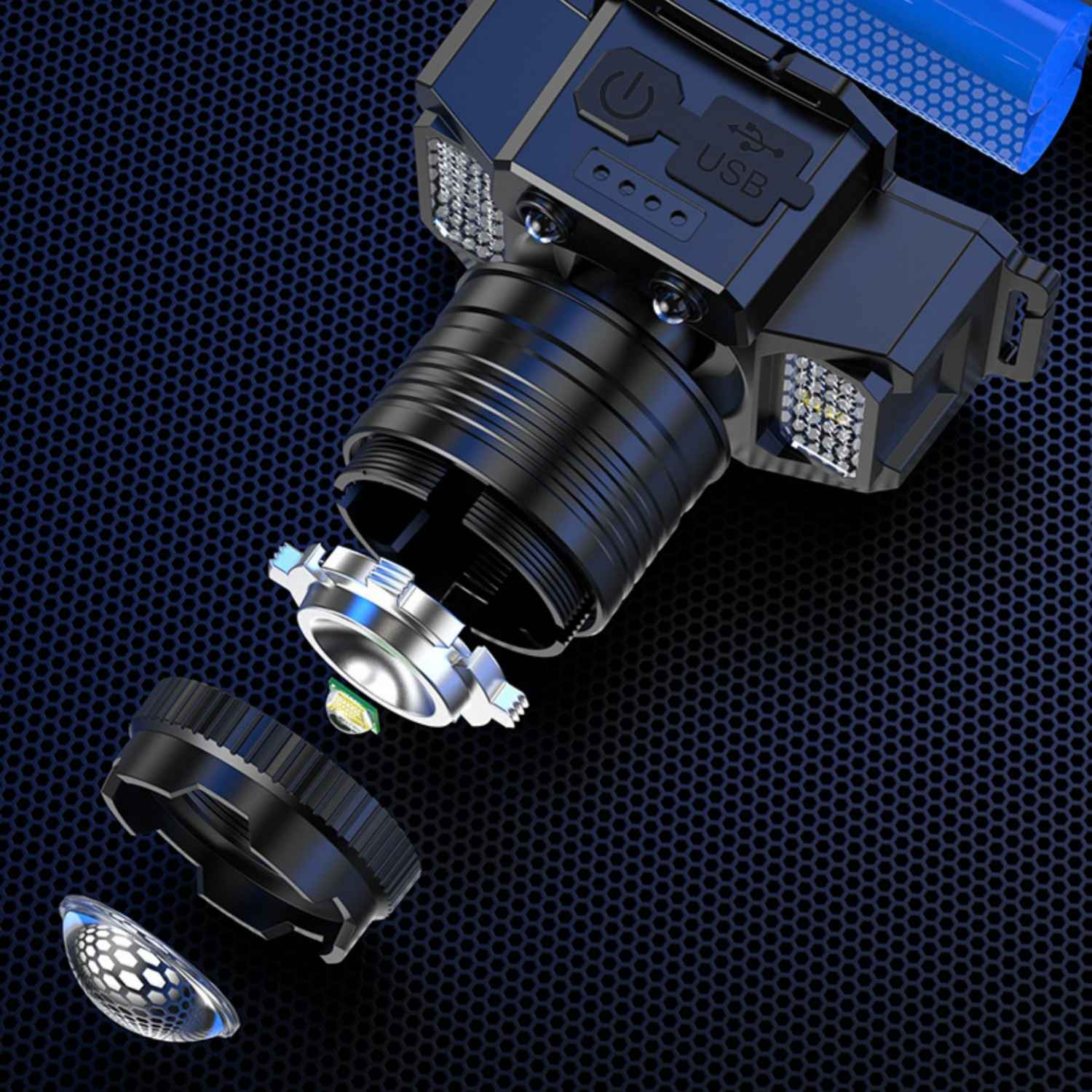 Ein zerlegter schwarzer Stirnlampe mit USB-Anschluss auf dunkelblauem Gitter.