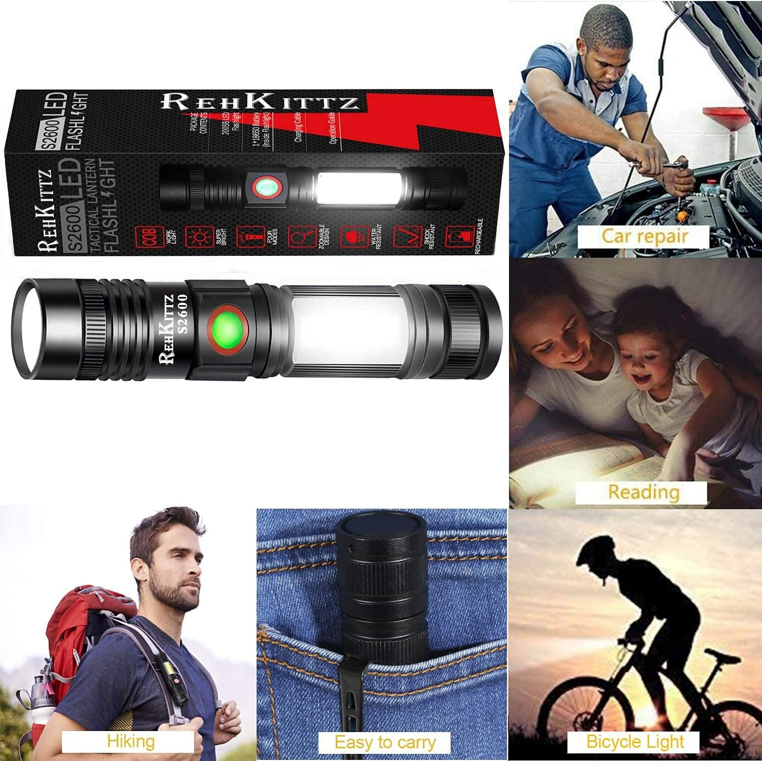 Mehrere Szenen mit einer Taschenlampe: Auto reparieren, Lesen, Wandern, Fahrradfahren.
