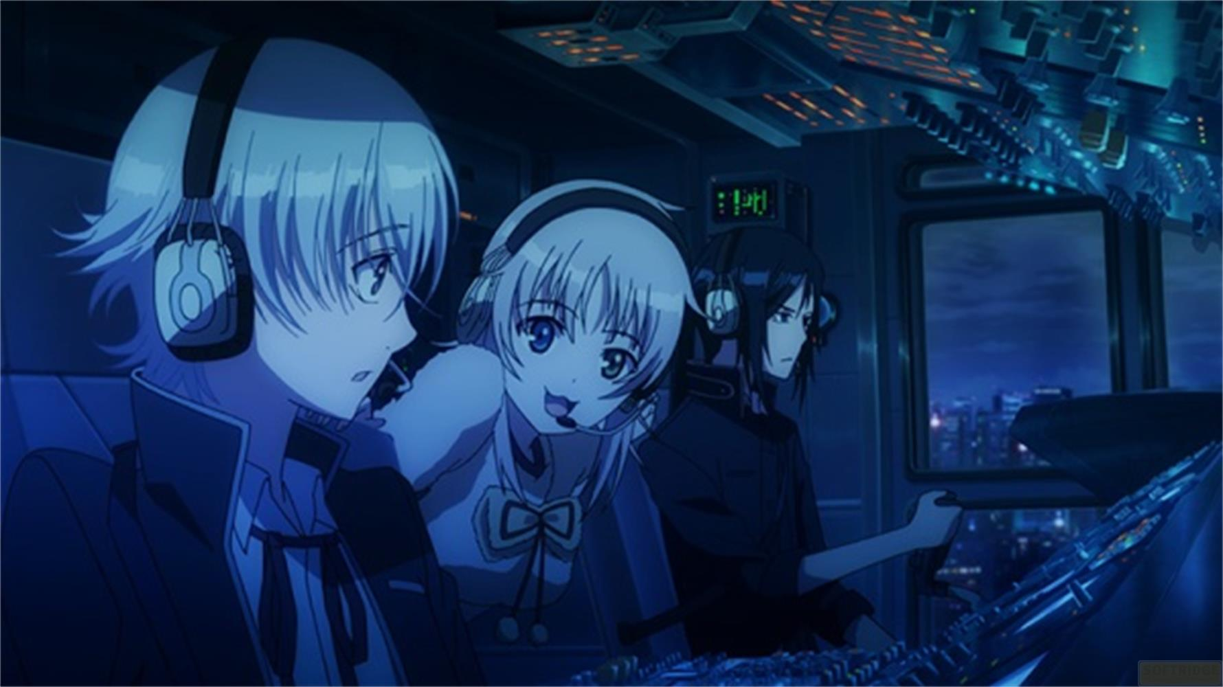 Trois personnages d'anime portant des casques sont assis dans une pièce sombre éclairée.