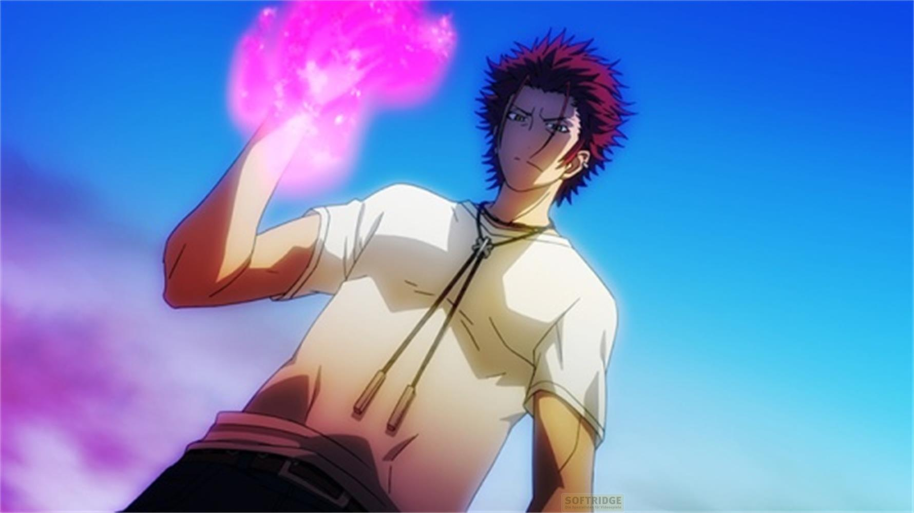 Homme aux cheveux rouges tenant une boule d'énergie rose.