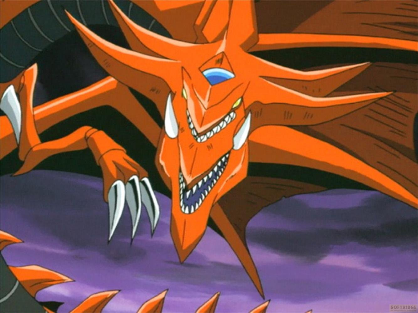 Un drago arancione con occhi blu e denti aguzzi sta volando.