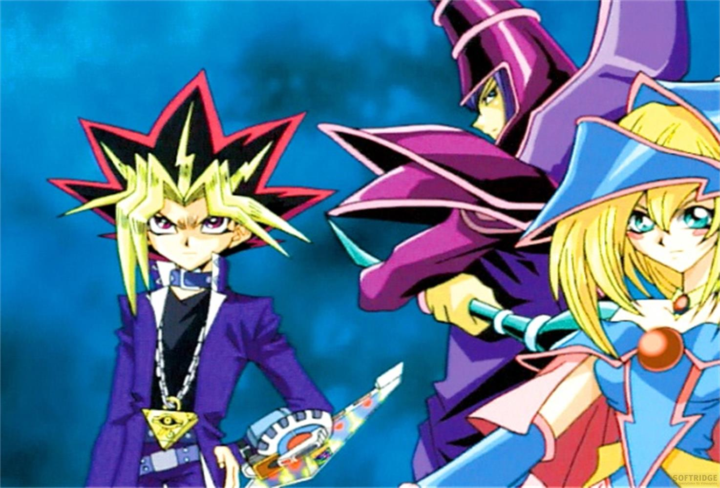 Yugi, Mago Oscuro e Maga Oscura su sfondo blu.
