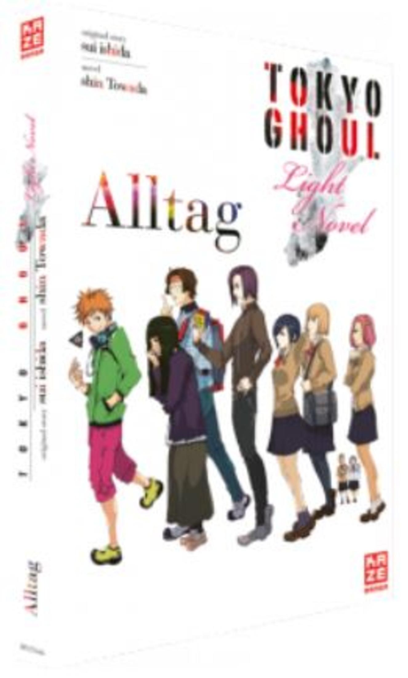 Ein Buchcover mit Anime-Figuren, die nebeneinander stehen. Tokyo Ghoul Light Novel.