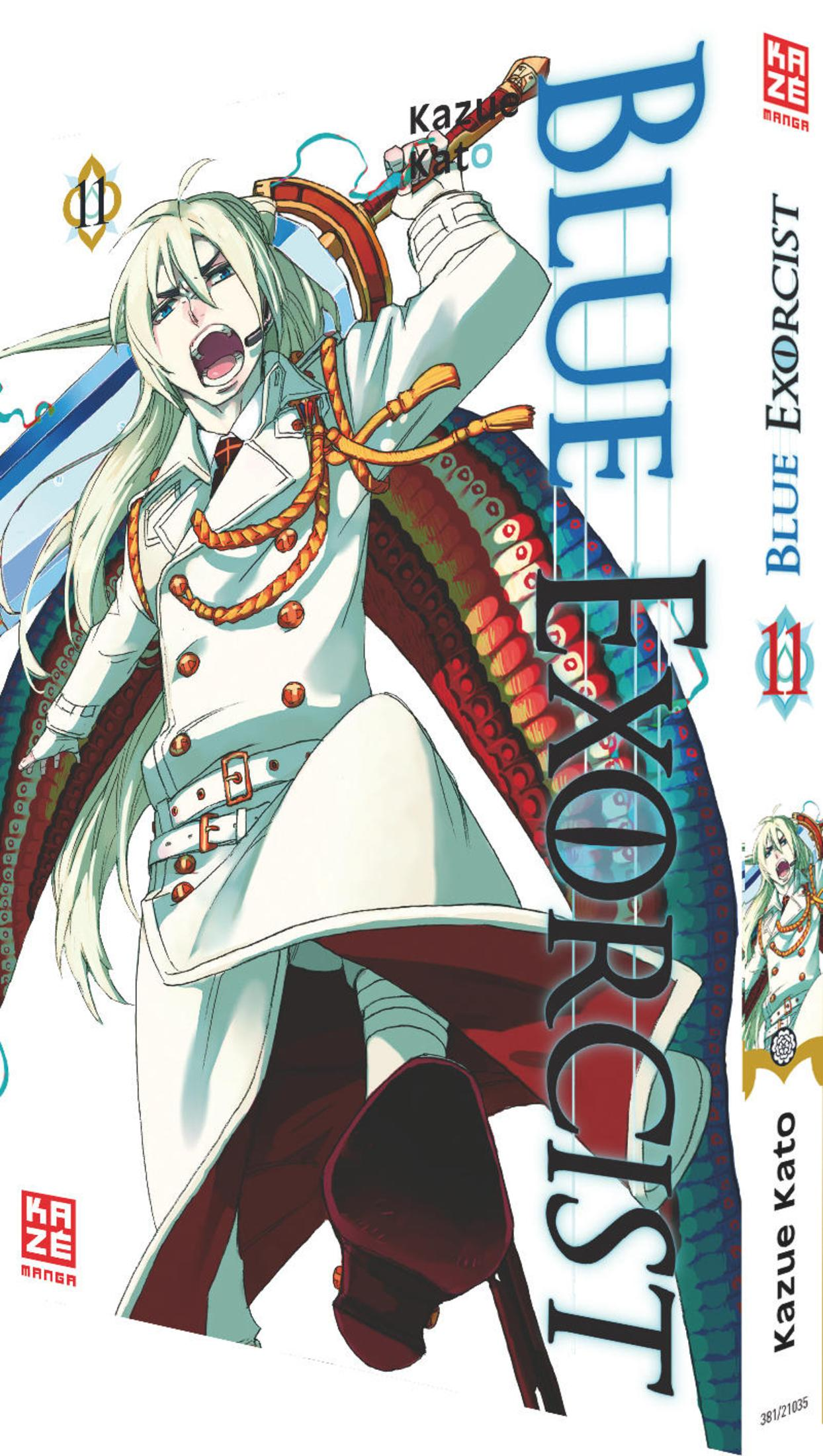 Ein Anime-Charakter in weißer Uniform mit Schwert und blauen Haaren.