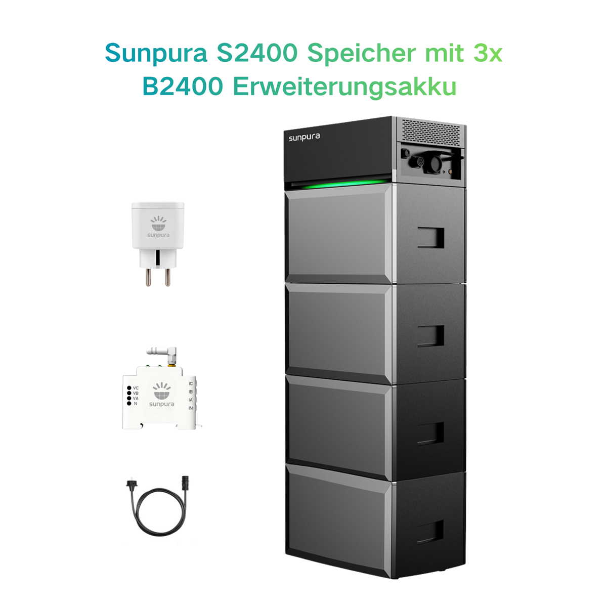 Sunpura S2400 Speicher mit 3 B2400 Erweiterungsakkus, Stecker und Kabel.