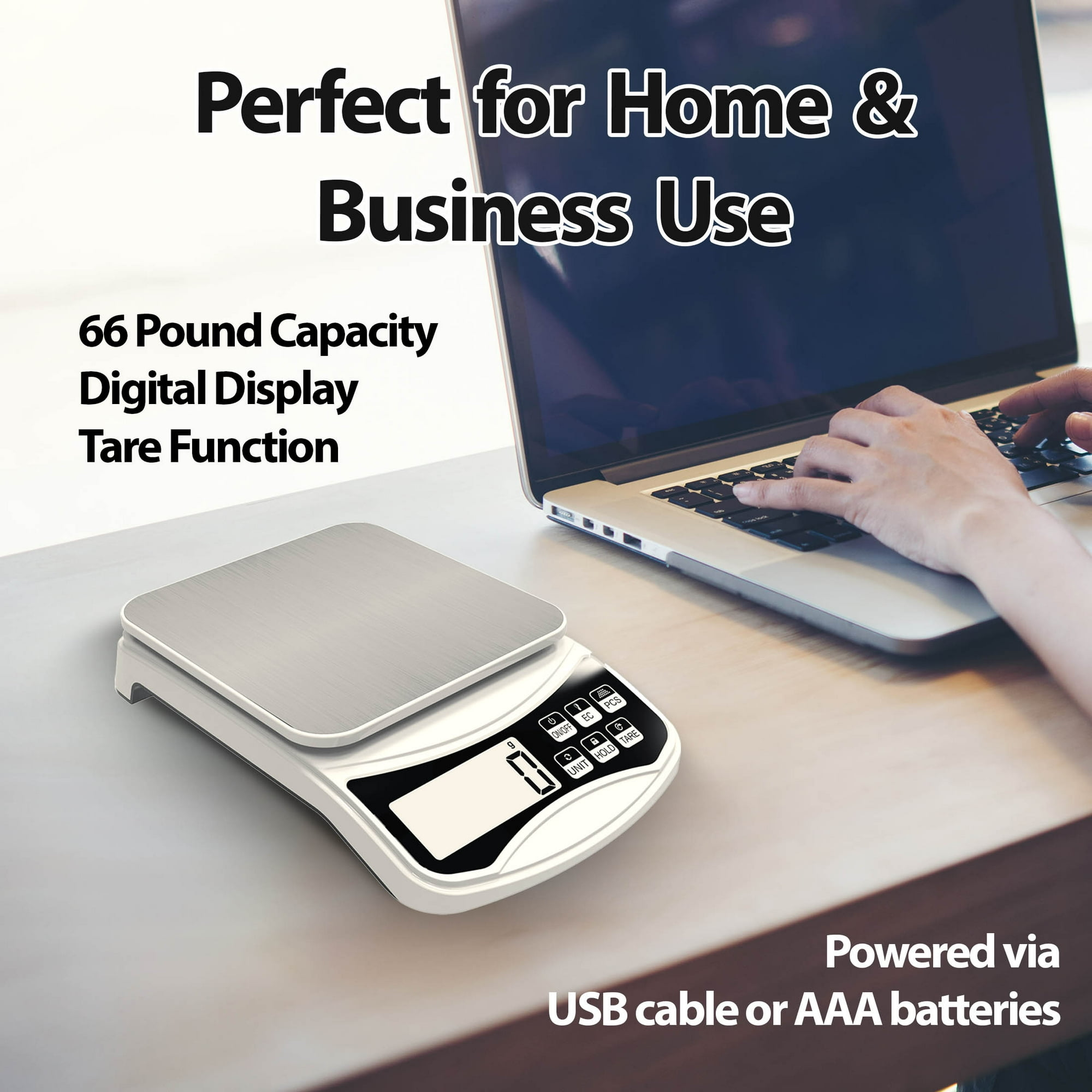 Eine digitale Waage mit 30kg Kapazität und USB/AAA-Stromversorgung.