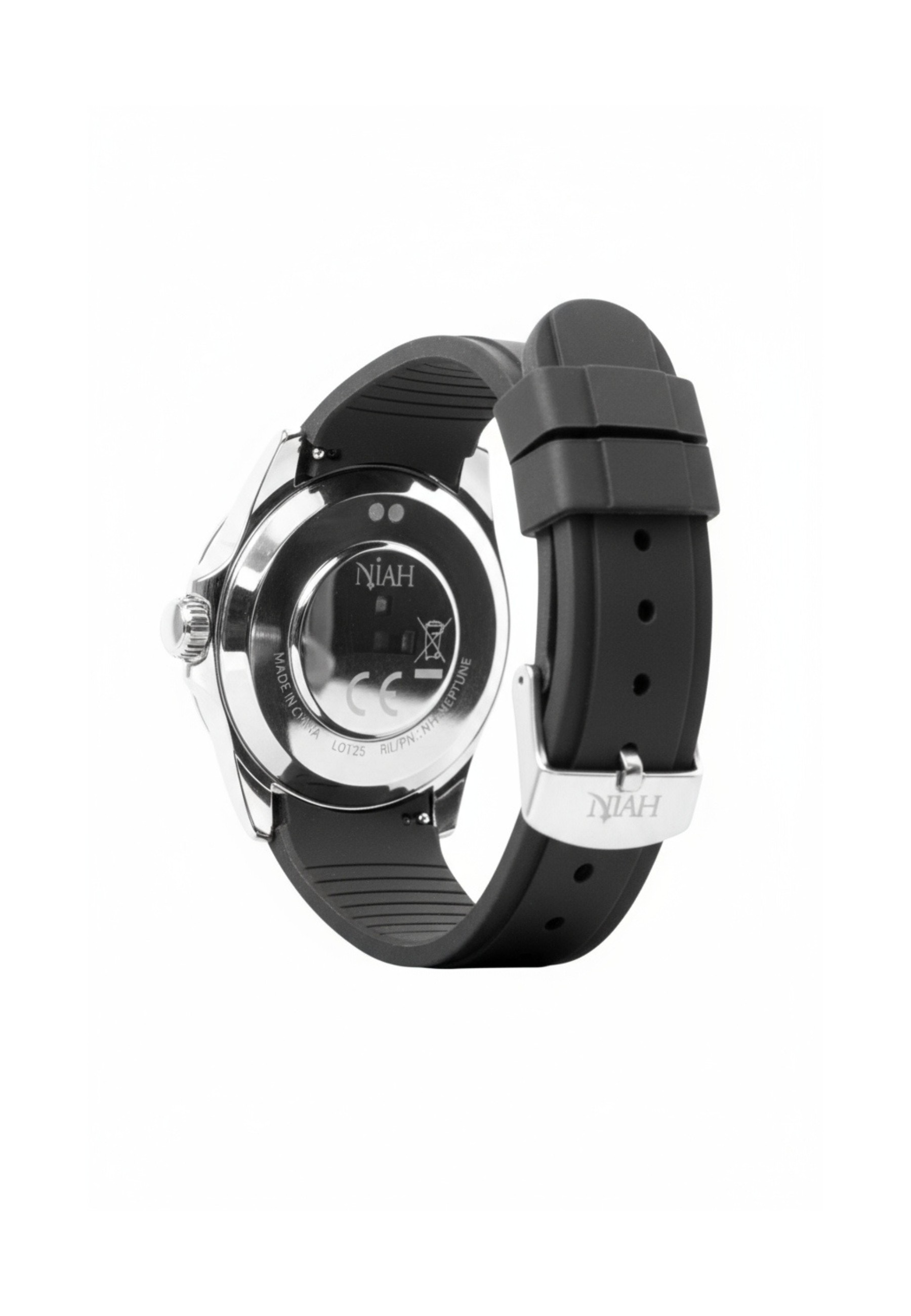 Rückansicht einer schwarzen Smartwatch mit silbernem Gehäuse und Armband. Aufschrift: NIAH.