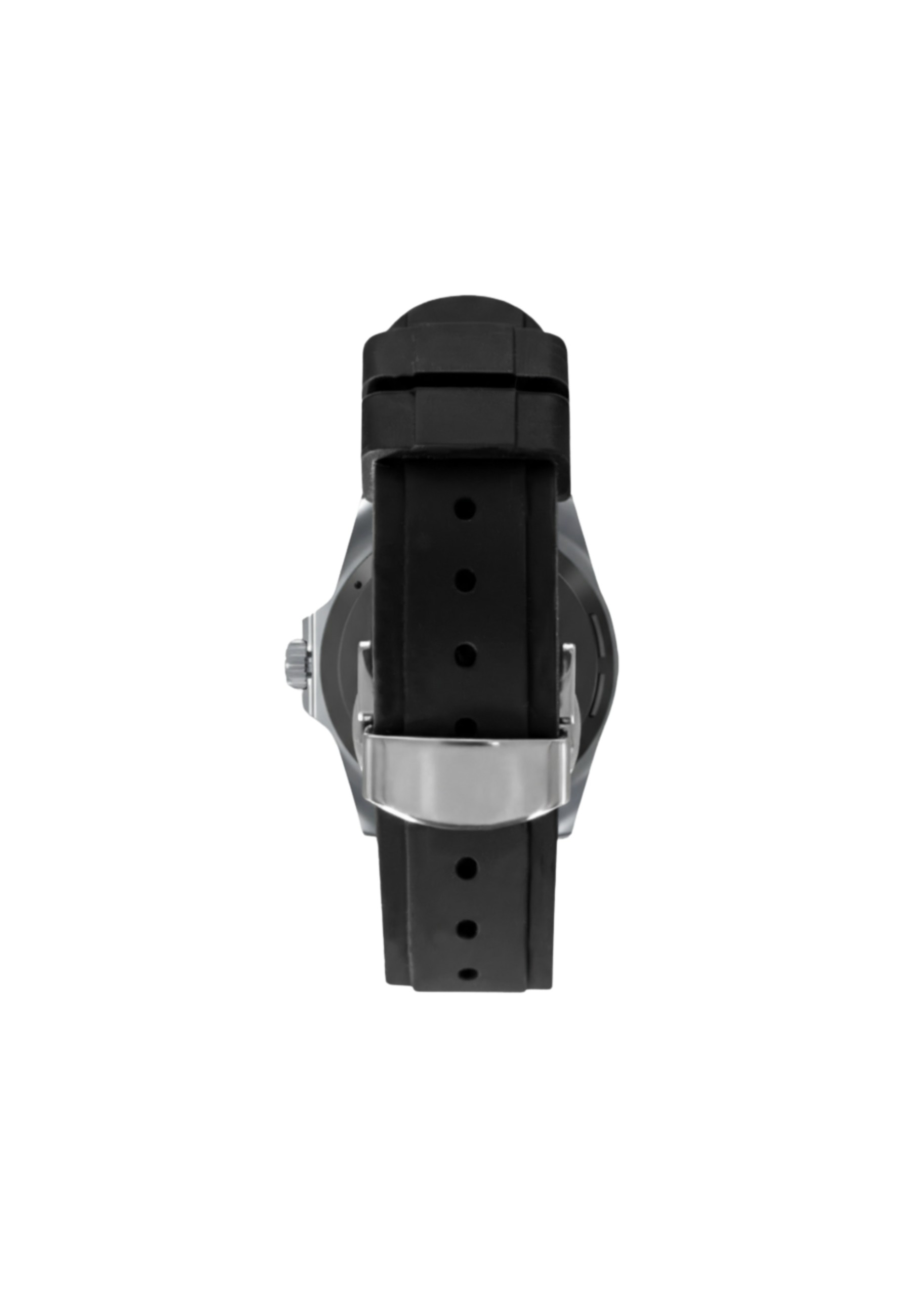 Silberne Uhr mit schwarzem Gummiarmband und Metallschnalle.