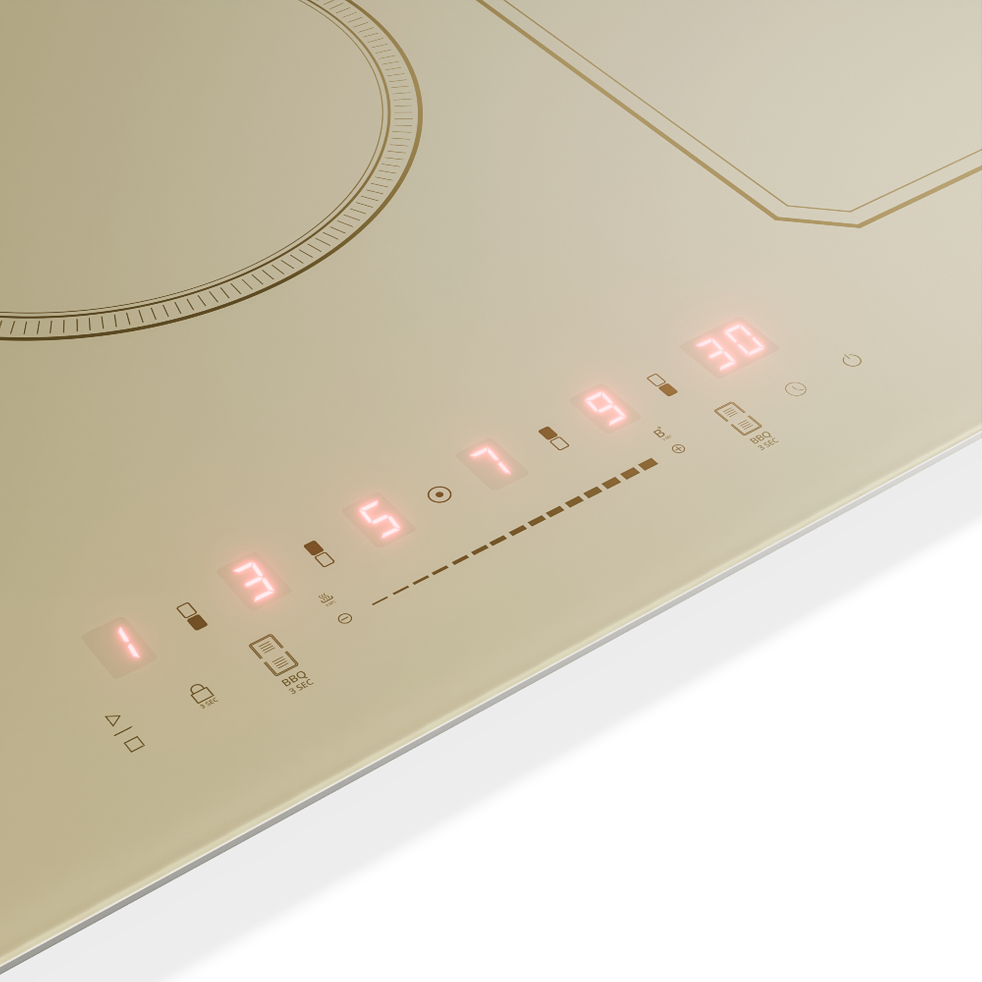 Un piano cottura beige con numeri e simboli rossi luminosi.