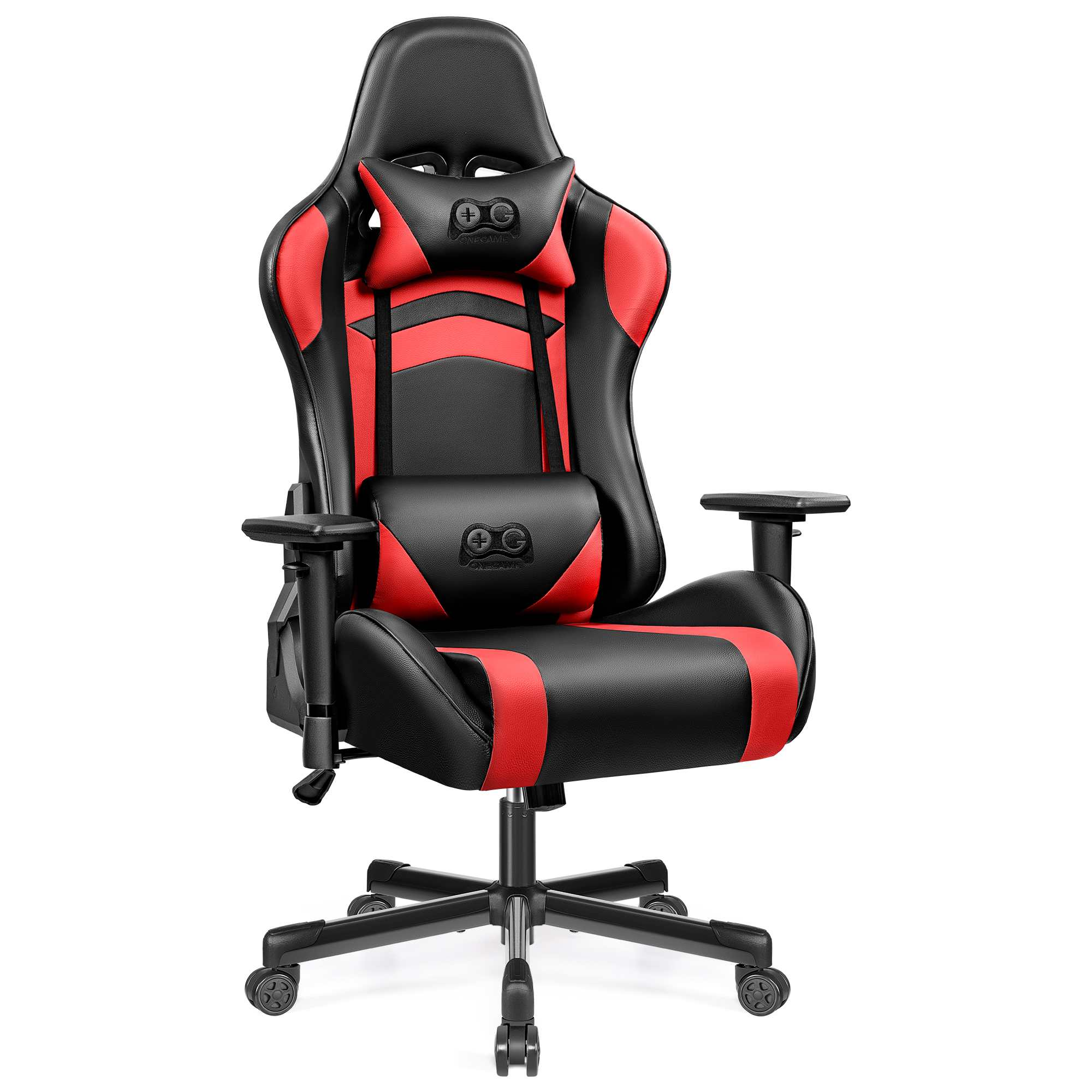 Ein schwarzer und roter Gaming-Stuhl mit Kopfstütze und Lendenkissen.