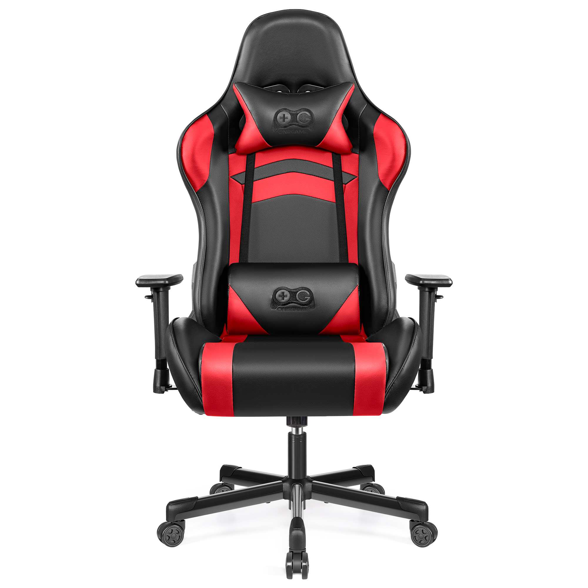 Schwarzer Gamingstuhl mit roten Akzenten und Kopf- und Lendenkissen.