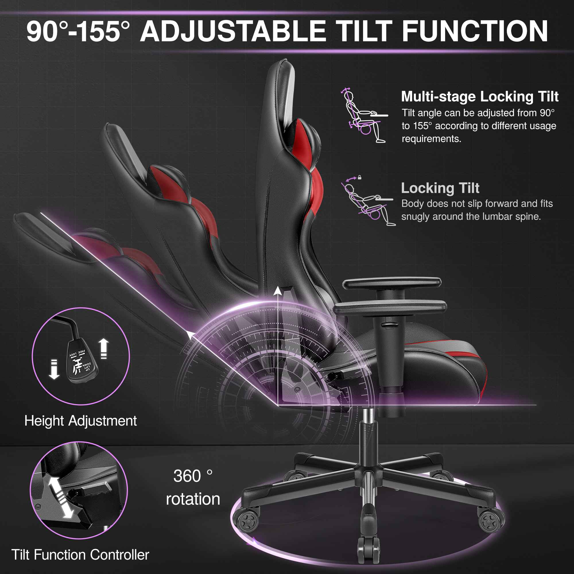 Gaming-Stuhl mit einstellbarer Neigungsfunktion von 90-155 Grad.