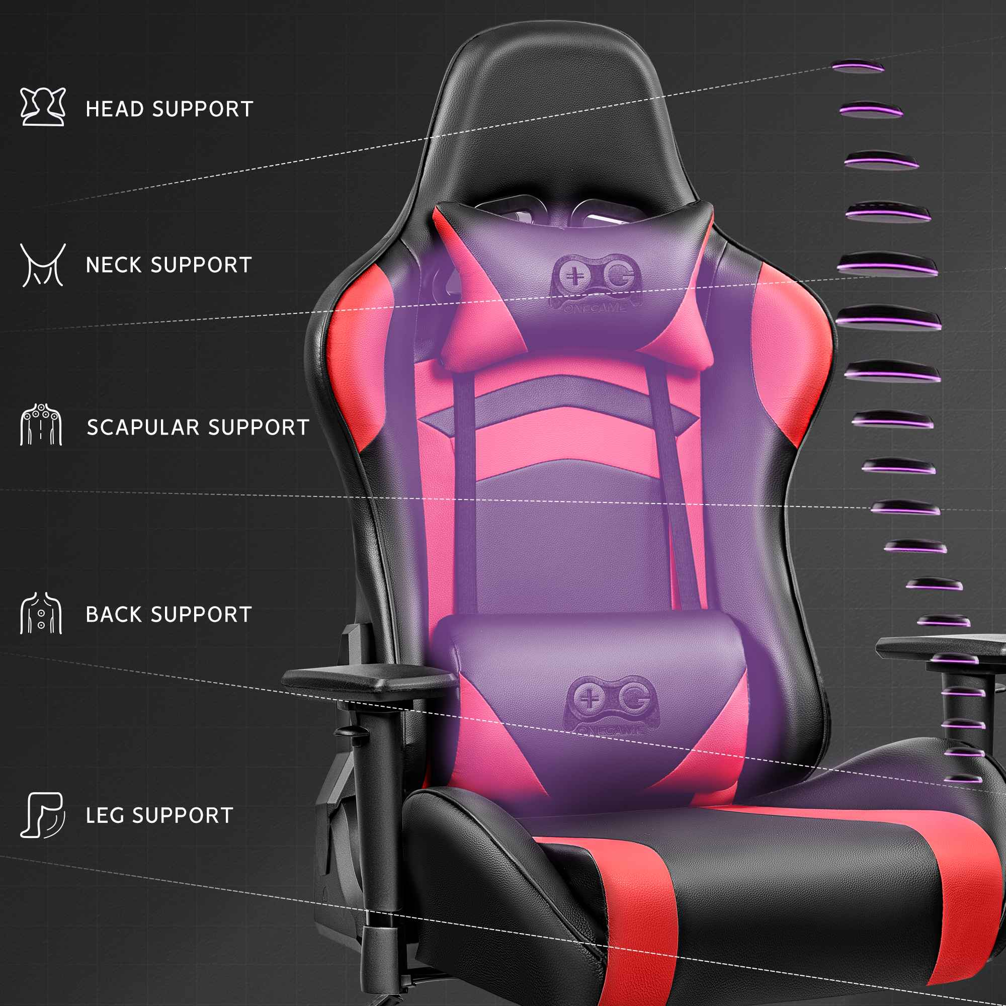 Gaming-Stuhl in Schwarz, Pink und Rot mit Lendenwirbelstütze und Kopfstütze.