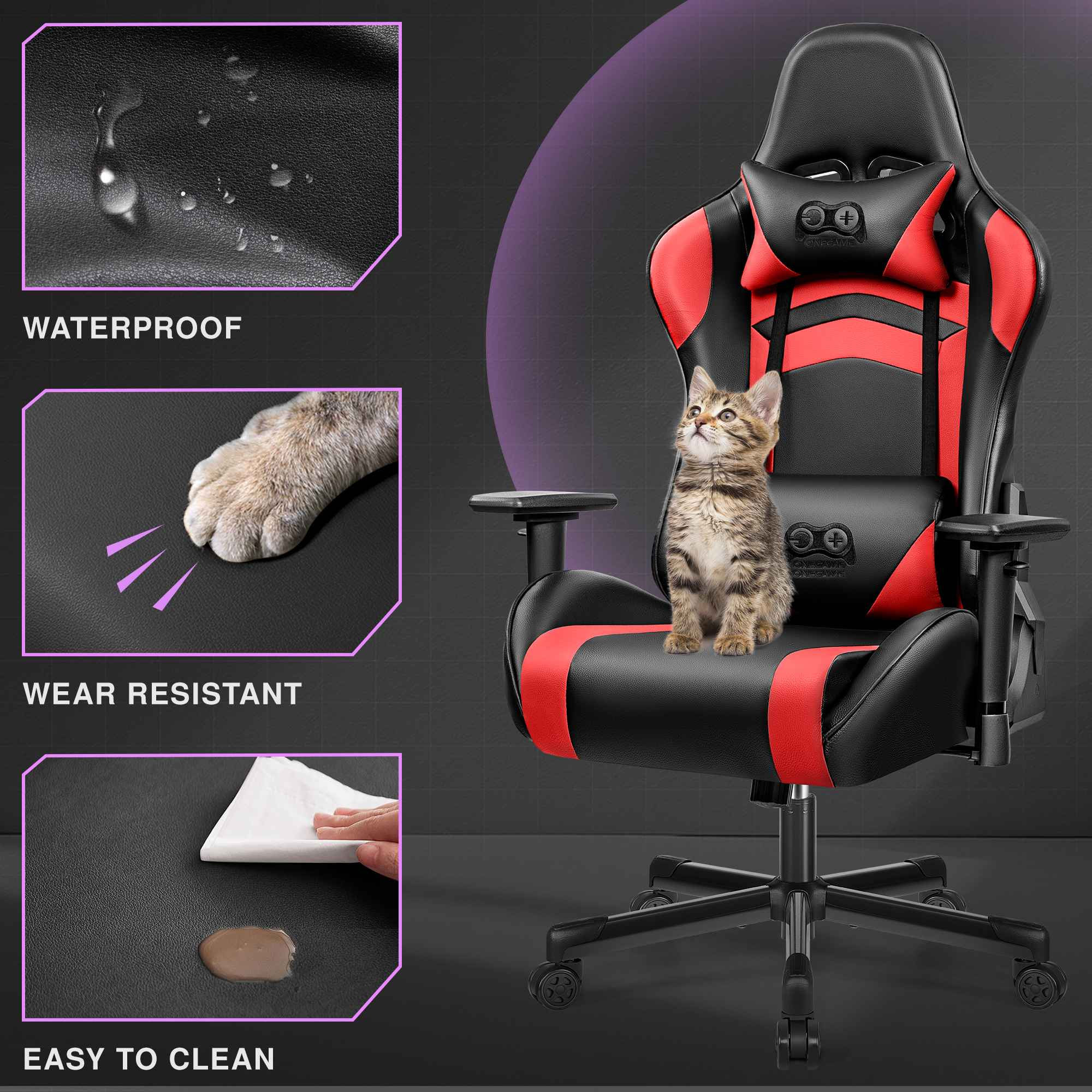 Ein getigerter Kater sitzt auf einem schwarzen und roten Gaming-Stuhl.