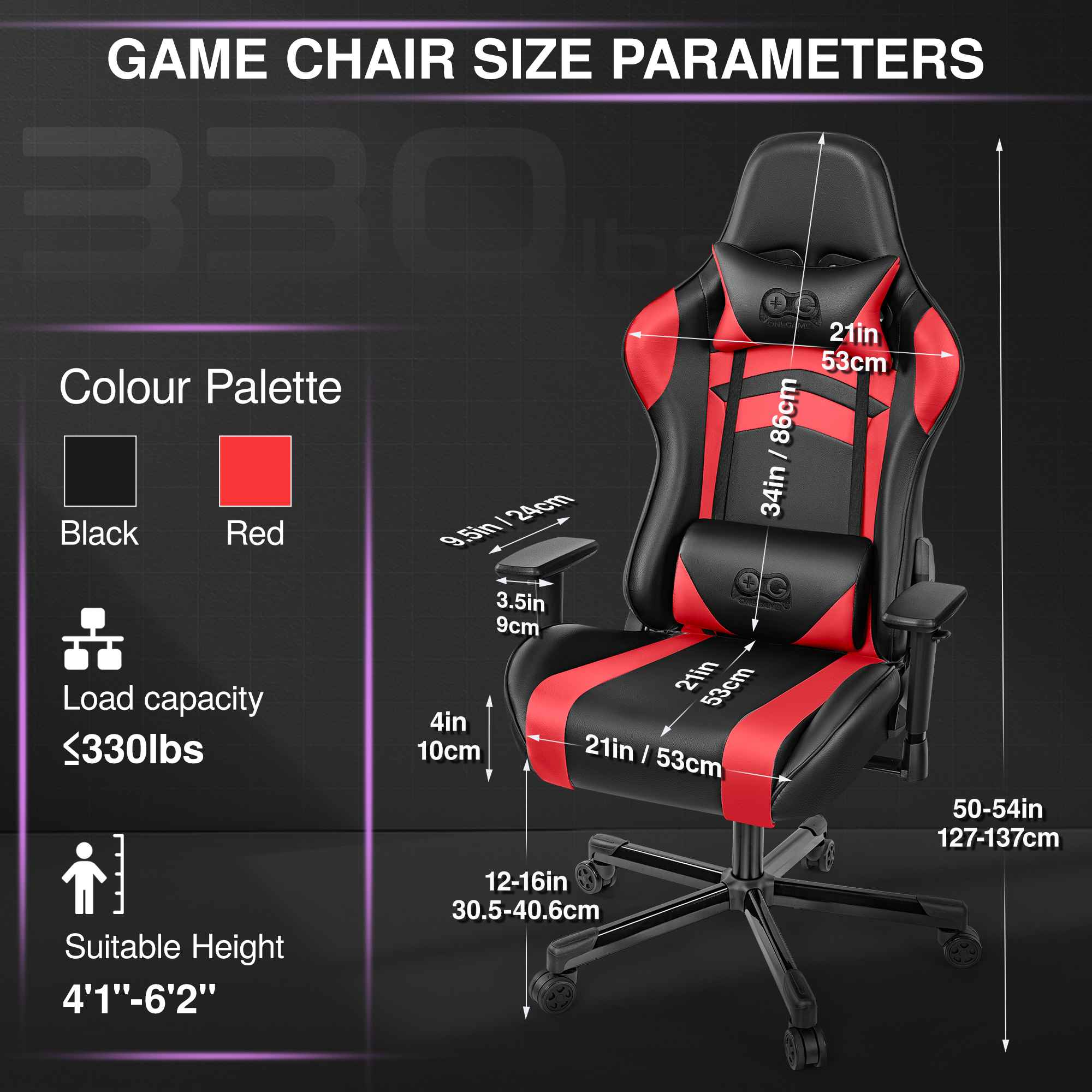 Schwarzer und roter Gaming-Stuhl mit Maßangaben für Sitzhöhe, Armlehnen und Gesamthöhe.