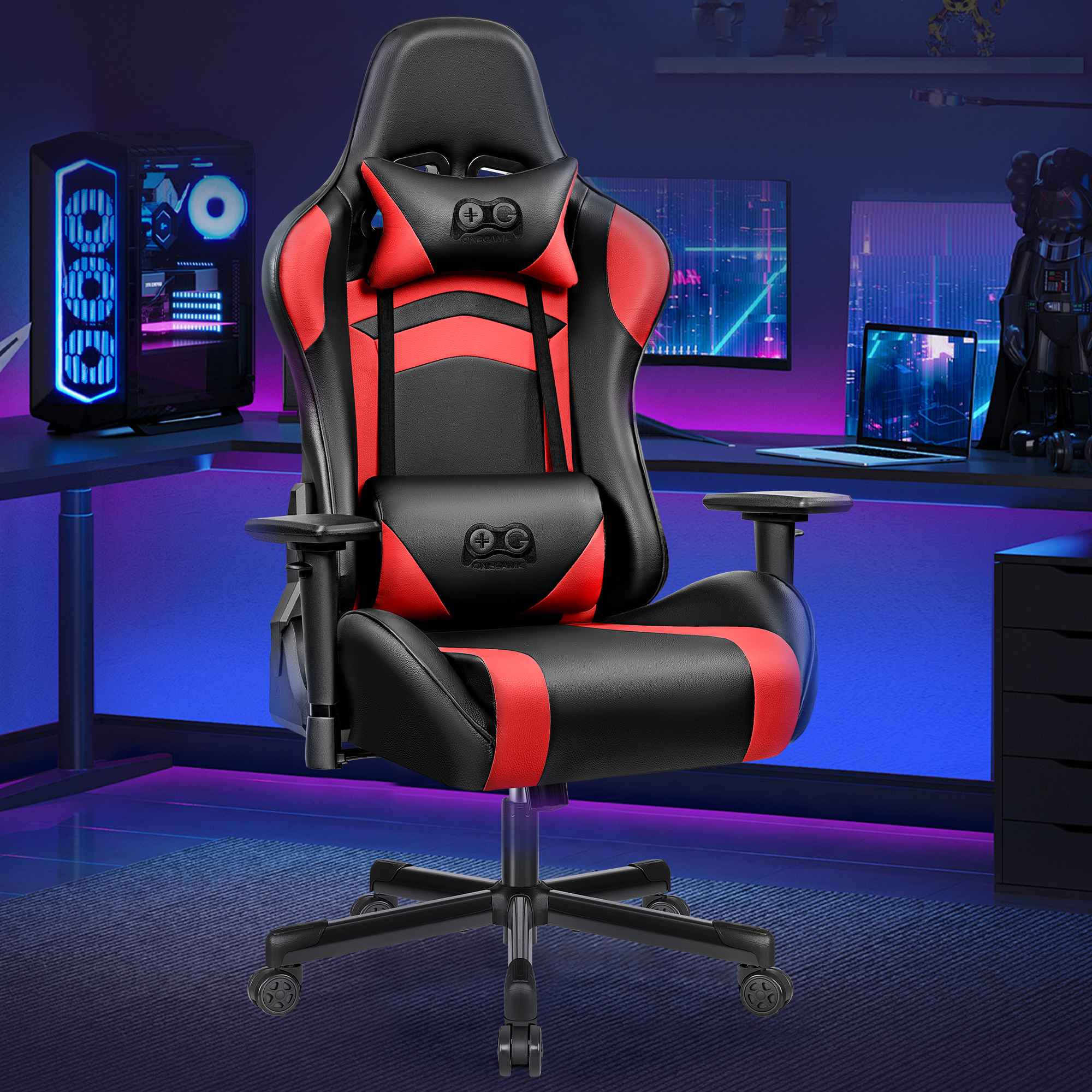 Ein schwarzer und roter Gaming-Stuhl mit Lordosenstütze und Nackenkissen.