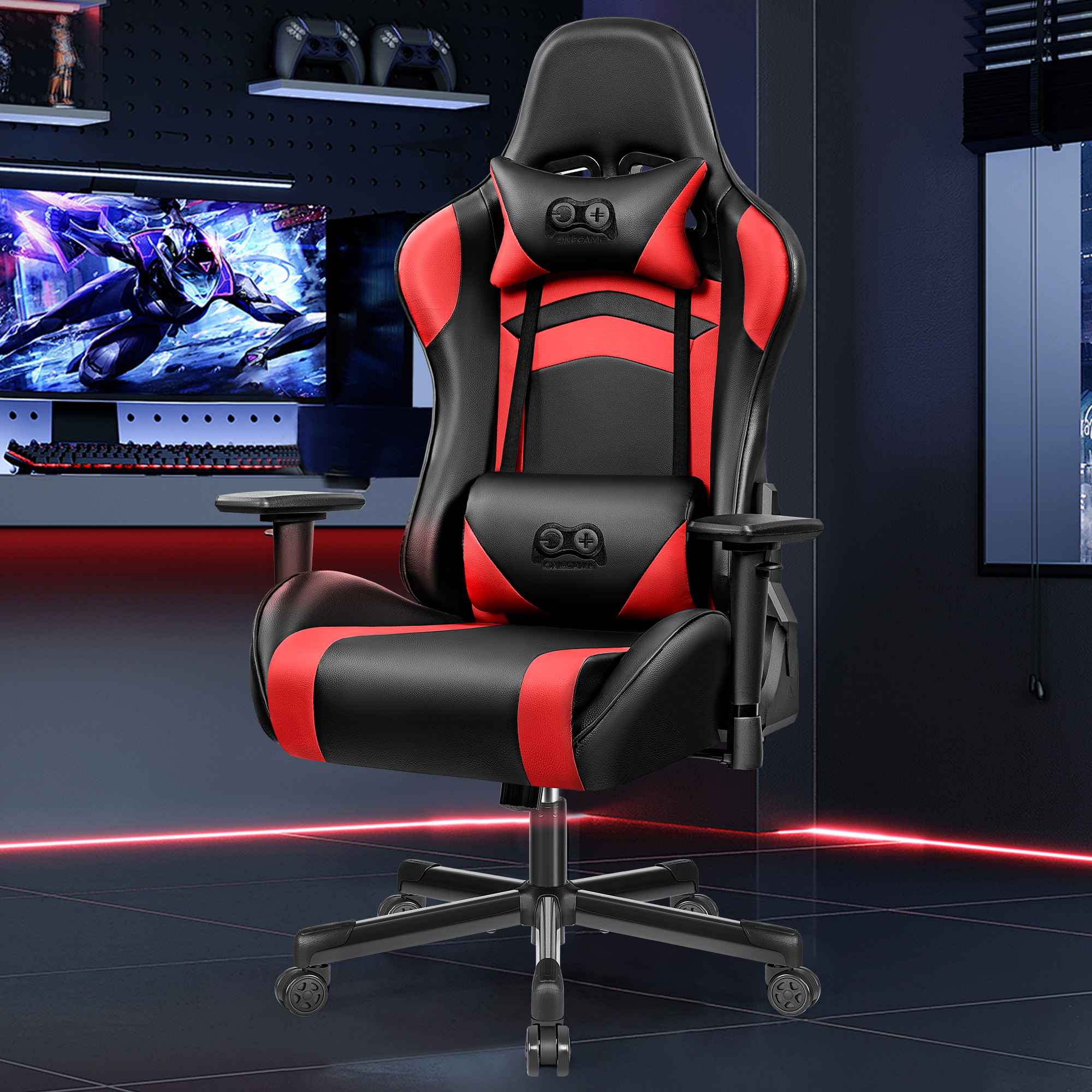 Ein schwarzer Gaming-Stuhl mit roten Akzenten steht vor einem Bildschirm.