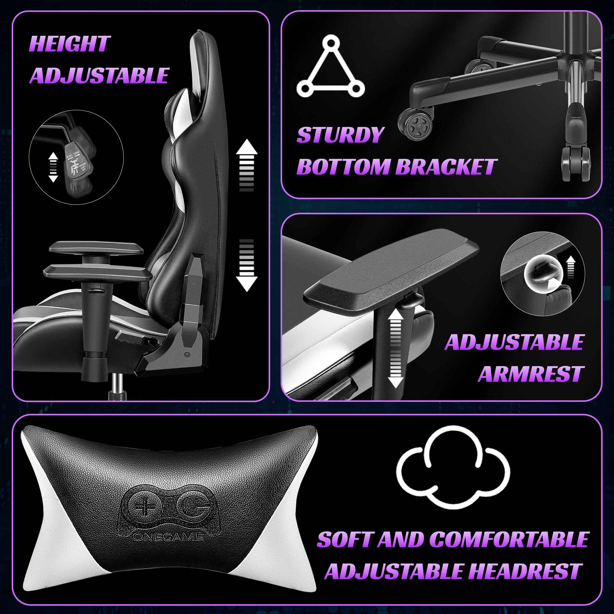 Gamingstuhl mit verstellbarer Höhe, Armlehnen und Kopfstütze.